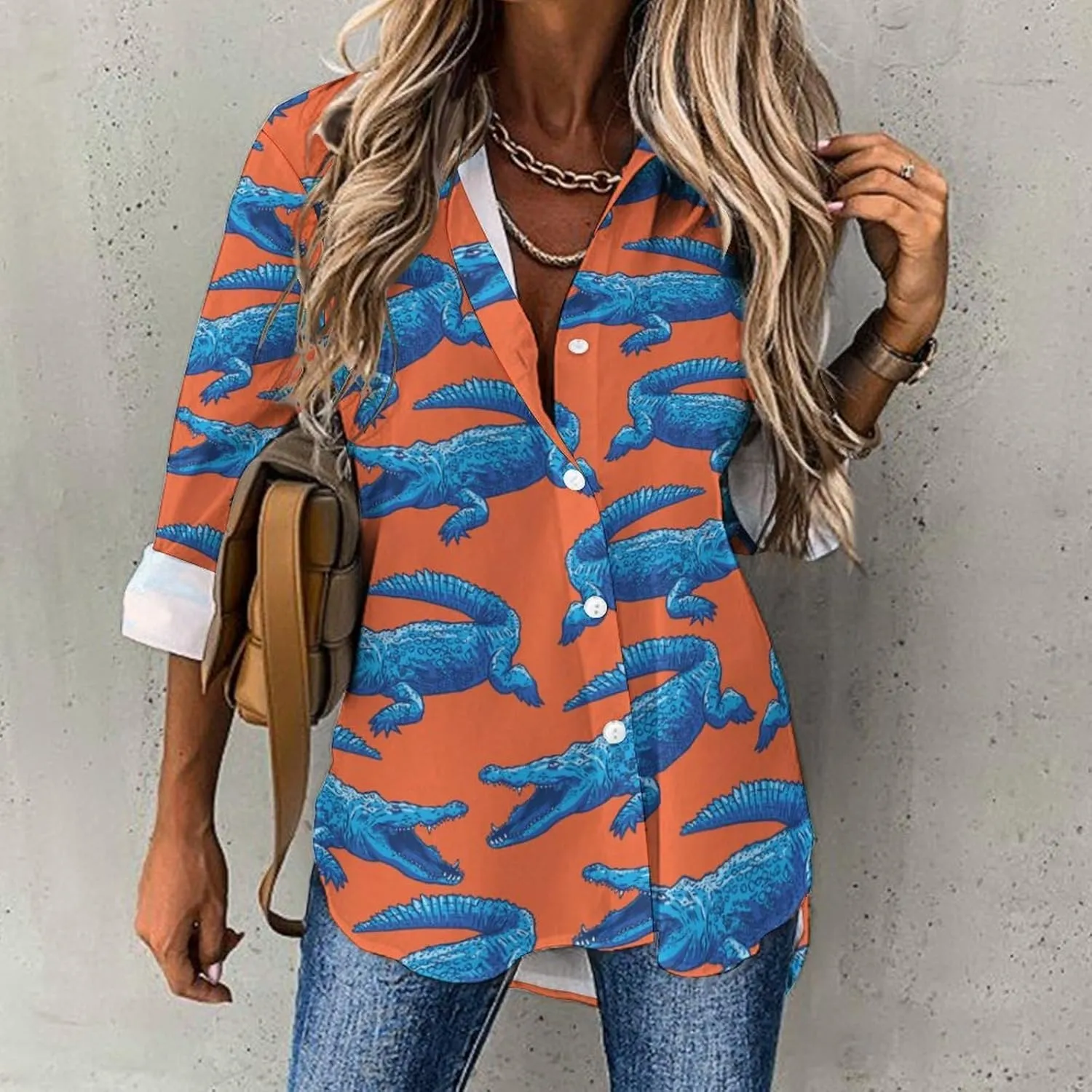 Grunge Colorful Stars Stripes Casual Button Down Blouse for Women Long Sleeve Shirts Irregular Hem Shirt Loose Tops