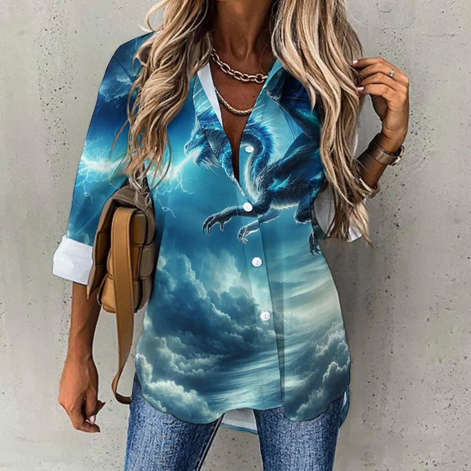 Grunge Colorful Stars Stripes Casual Button Down Blouse for Women Long Sleeve Shirts Irregular Hem Shirt Loose Tops