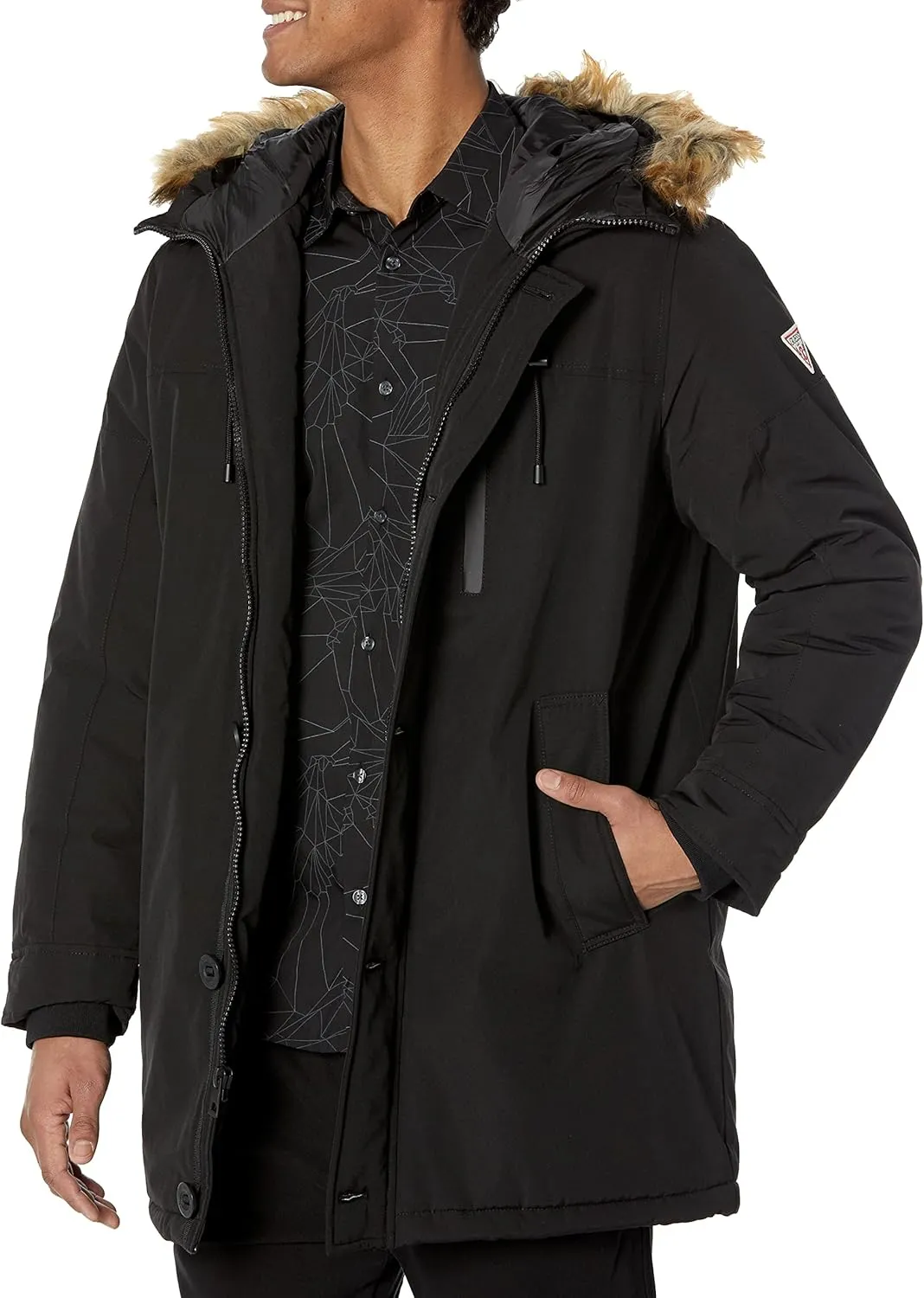 GUESS Men's Heavyweight Hooded Parka Jacket with Removable Faux Fur Trim