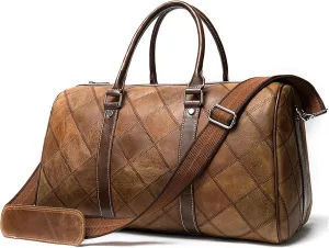 Handcrafted Genuine Leather Duffel Bag for Men – Vintage Patchwork Design, 17.7" Carry-On Travel Bag, Durable Weekender with Adjustable Shoulder Strap, Coffee, Brown or Black (Brown)
