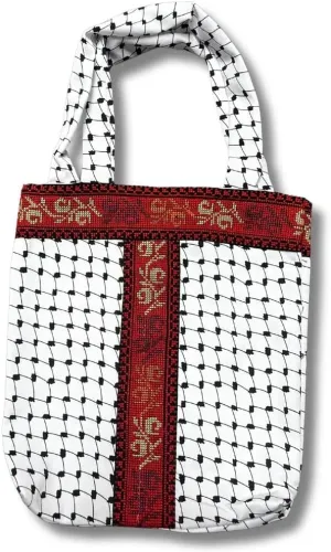 Handmade Tatreez Tote Bag with Kufiyah Design – Palestinian Embroidered Shoulder Bag – Cultural Handbag for Women