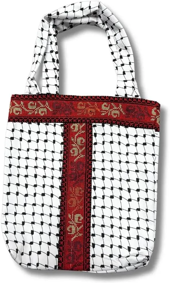 Handmade Tatreez Tote Bag with Kufiyah Design – Palestinian Embroidered Shoulder Bag – Cultural Handbag for Women