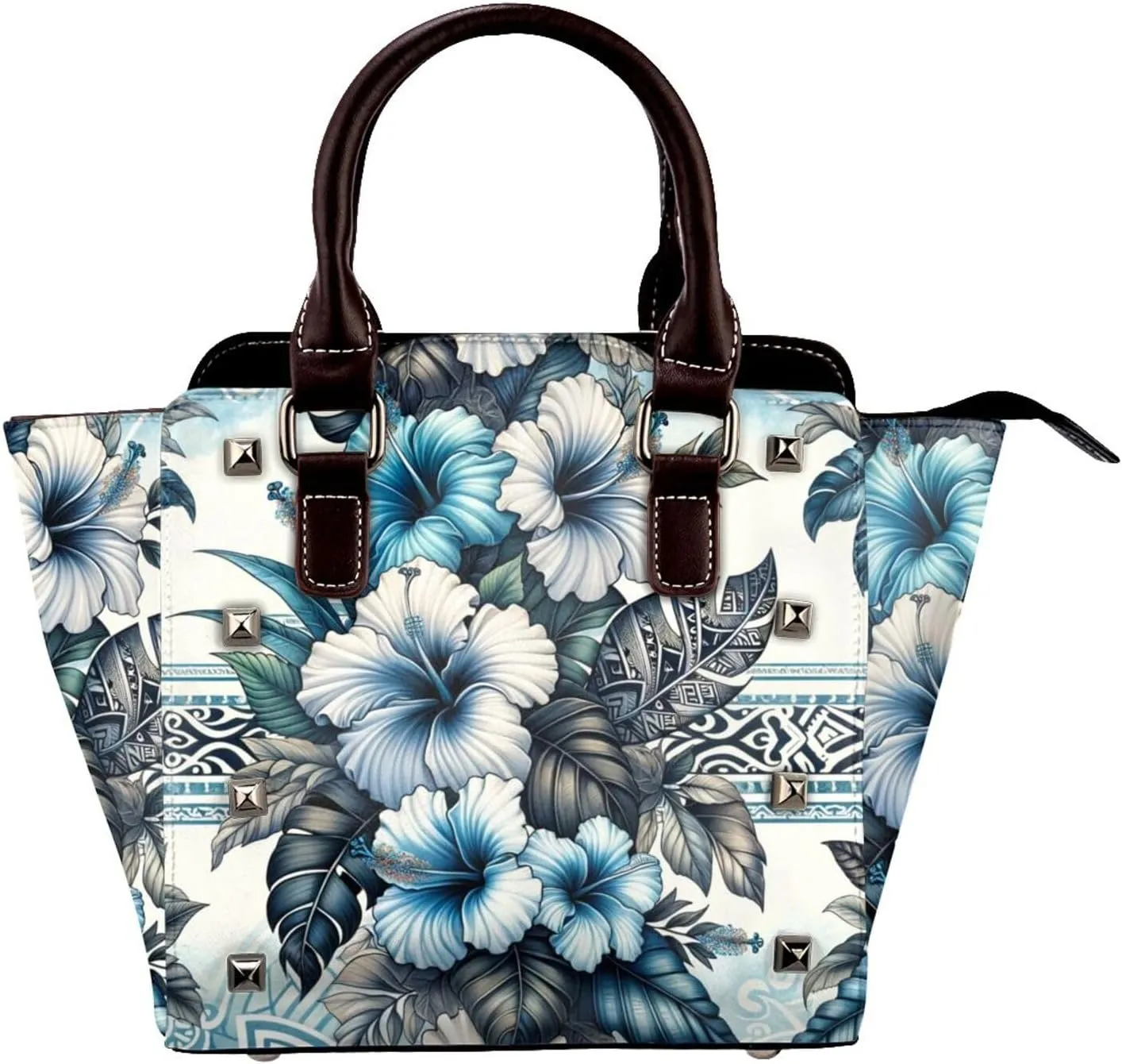 Hawaiian-Hibiscus-Polynesian-Tribal Pu Leather Crossbody Studded Bag, Fashionable Shoulder Handbag With Detachable Shoulder Strap