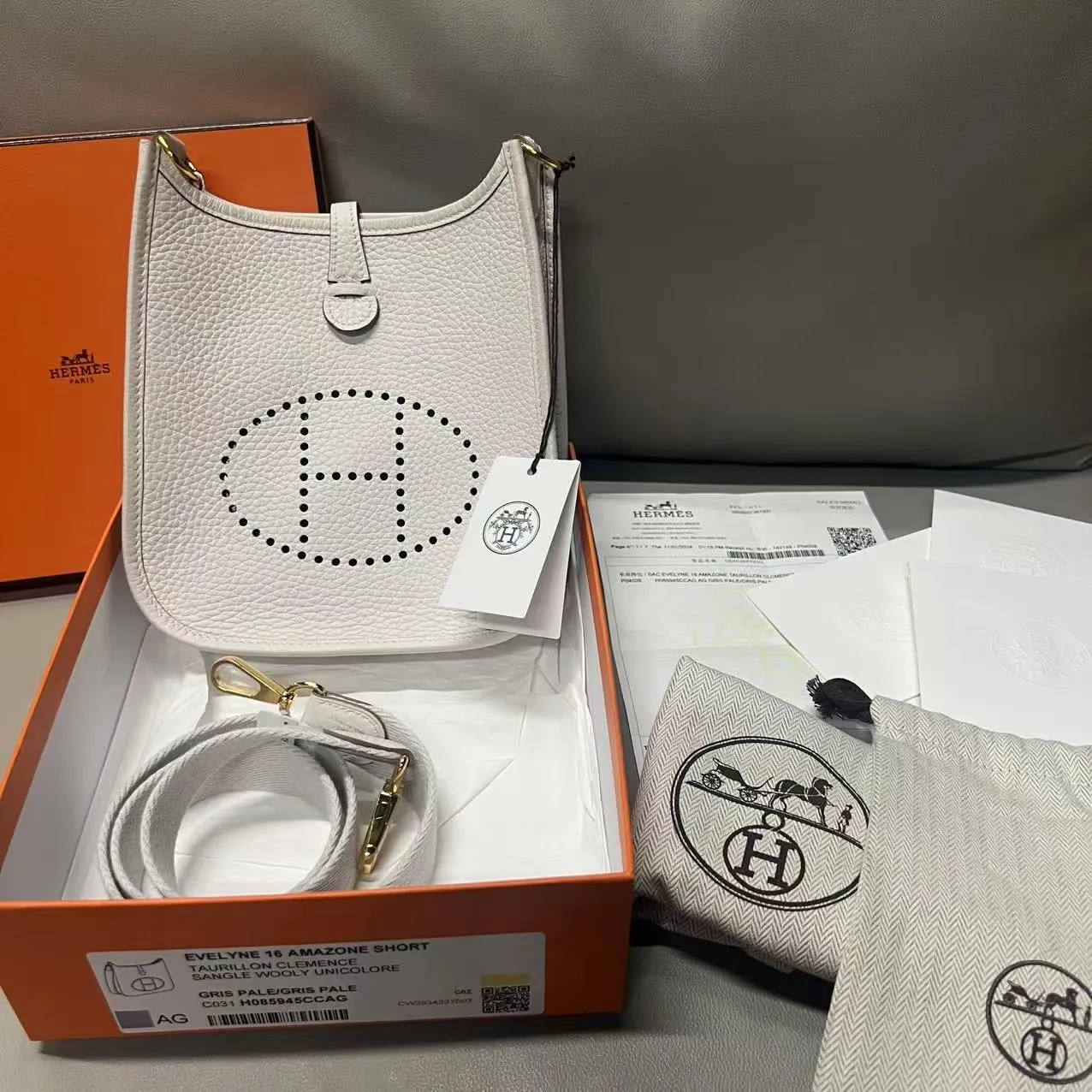 Hermès Mini Evelyne Gris Pale Leather Crossbody Bag - Brand New Full Set