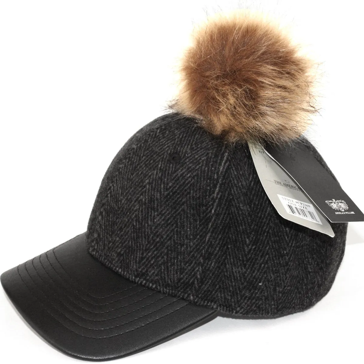 Herringbone Wool Blend Baseball Caps with Faux Fur Pompom
