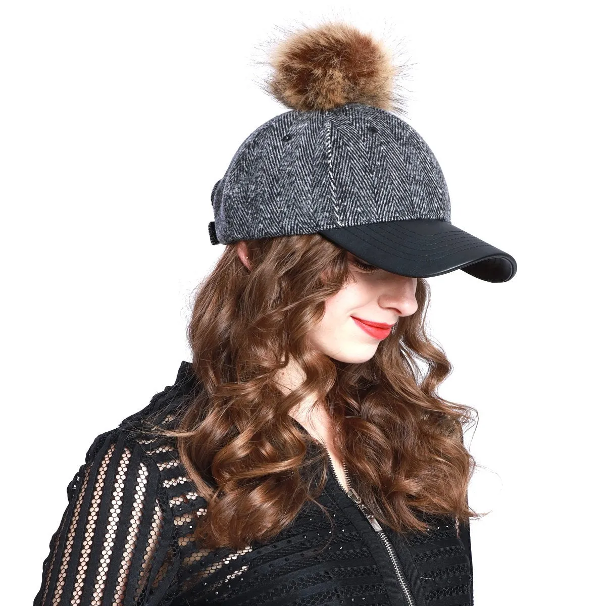 Herringbone Wool Blend Baseball Caps with Faux Fur Pompom
