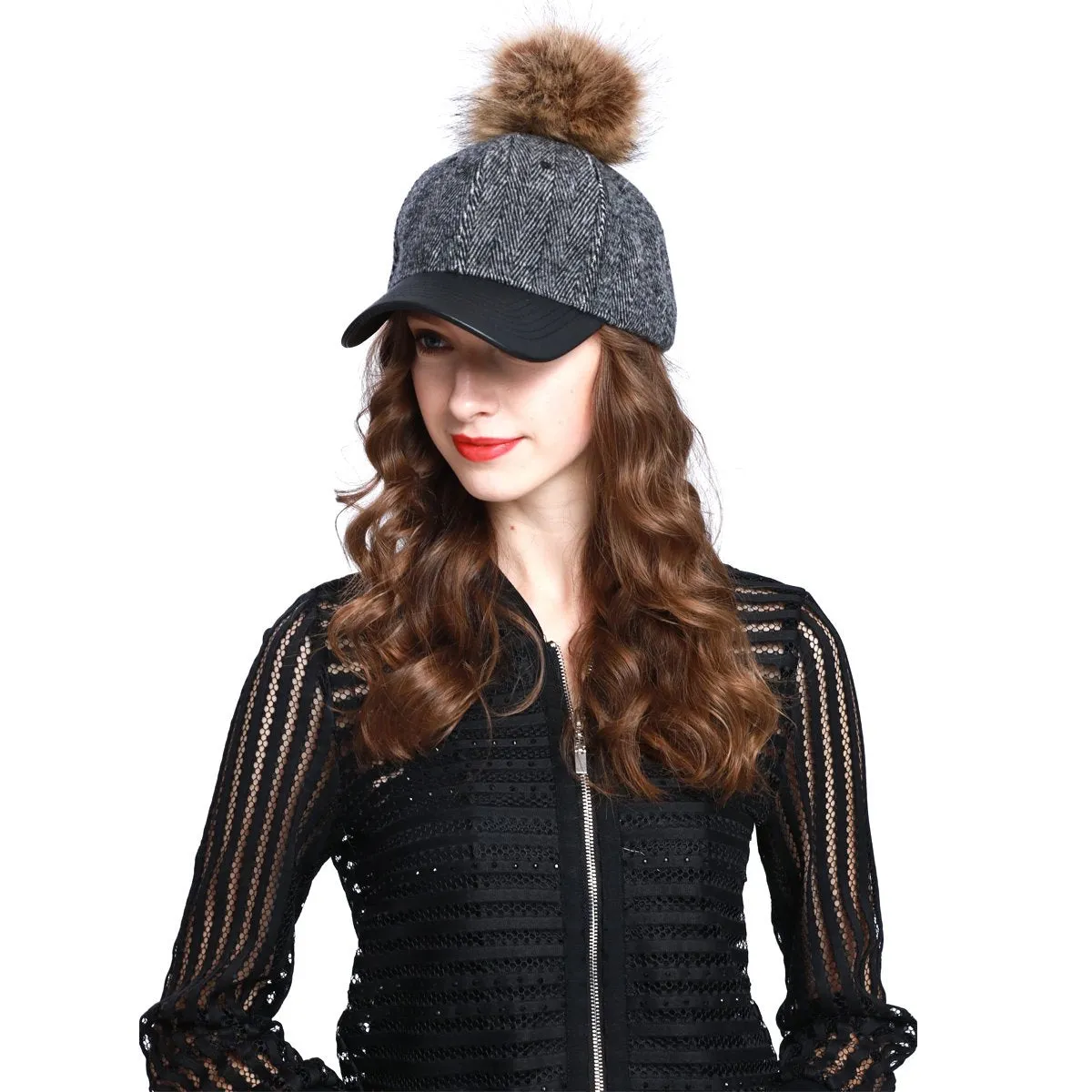 Herringbone Wool Blend Baseball Caps with Faux Fur Pompom