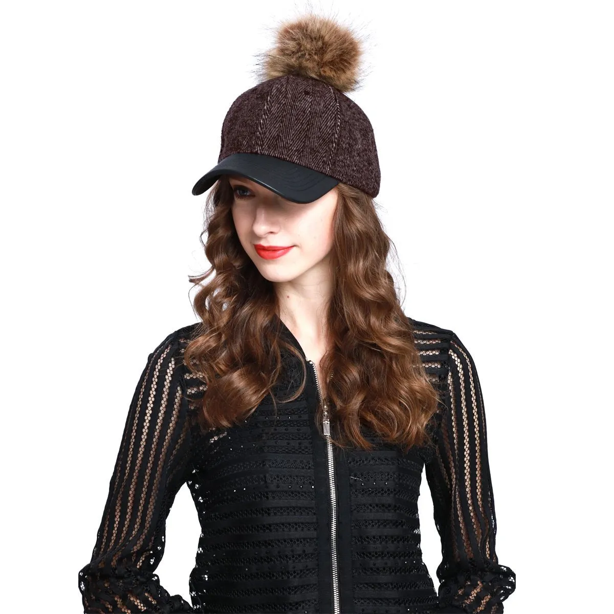 Herringbone Wool Blend Baseball Caps with Faux Fur Pompom