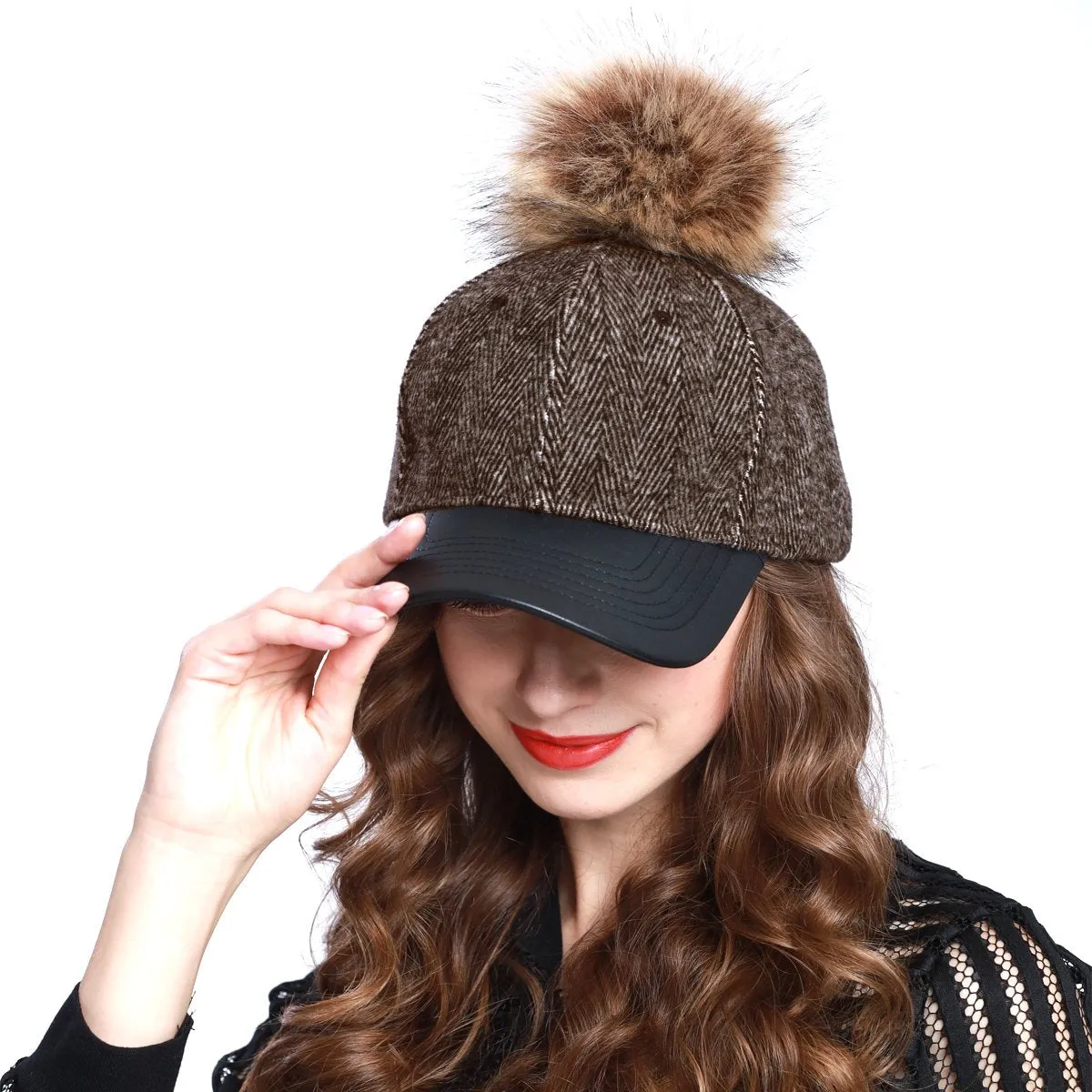 Herringbone Wool Blend Baseball Caps with Faux Fur Pompom