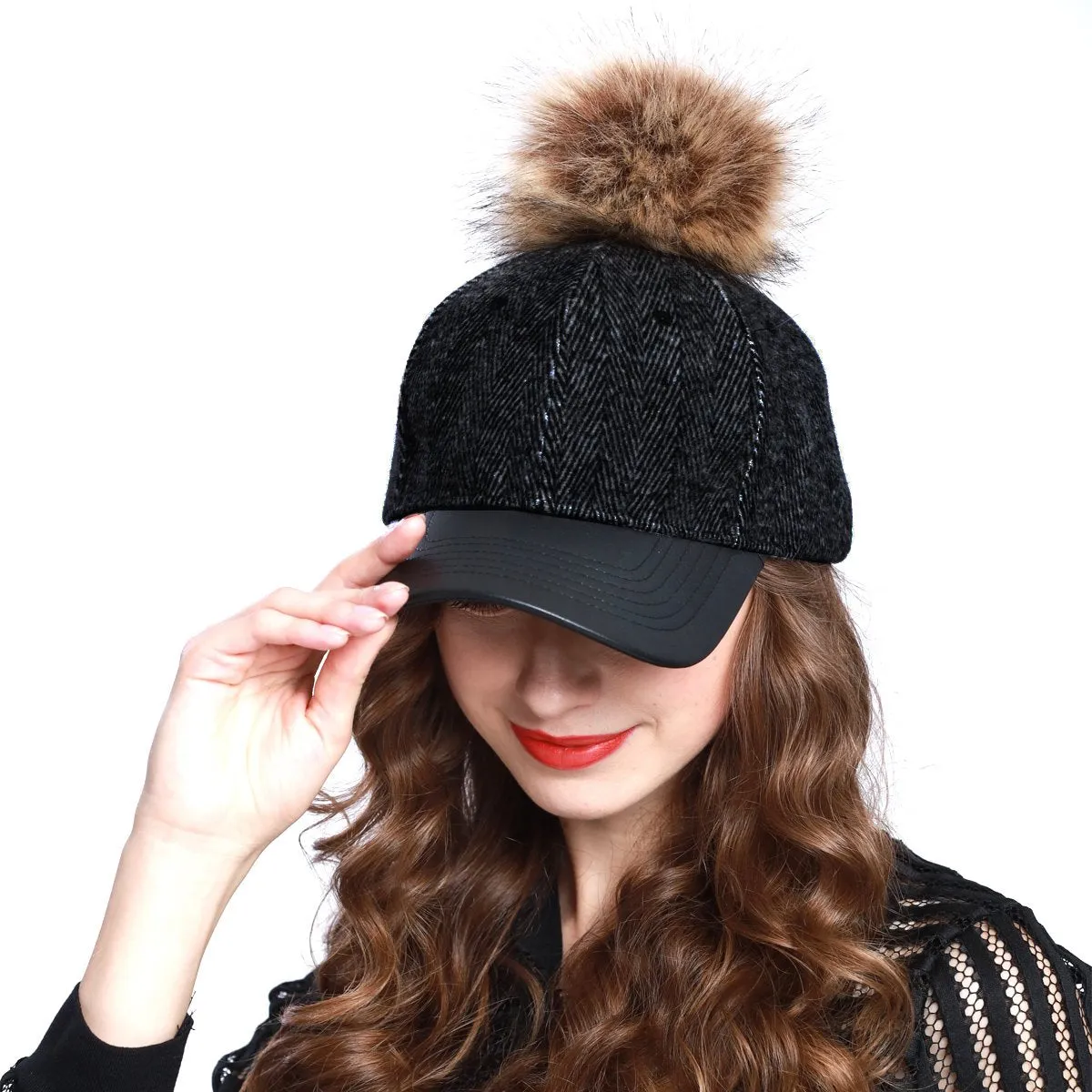 Herringbone Wool Blend Baseball Caps with Faux Fur Pompom