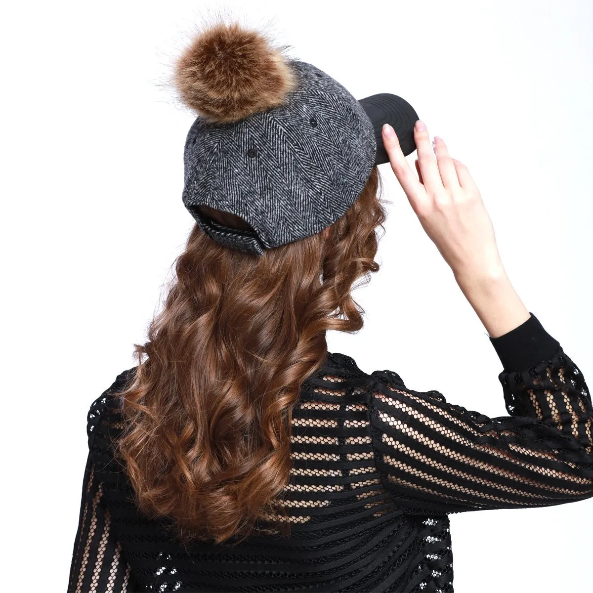 Herringbone Wool Blend Baseball Caps with Faux Fur Pompom
