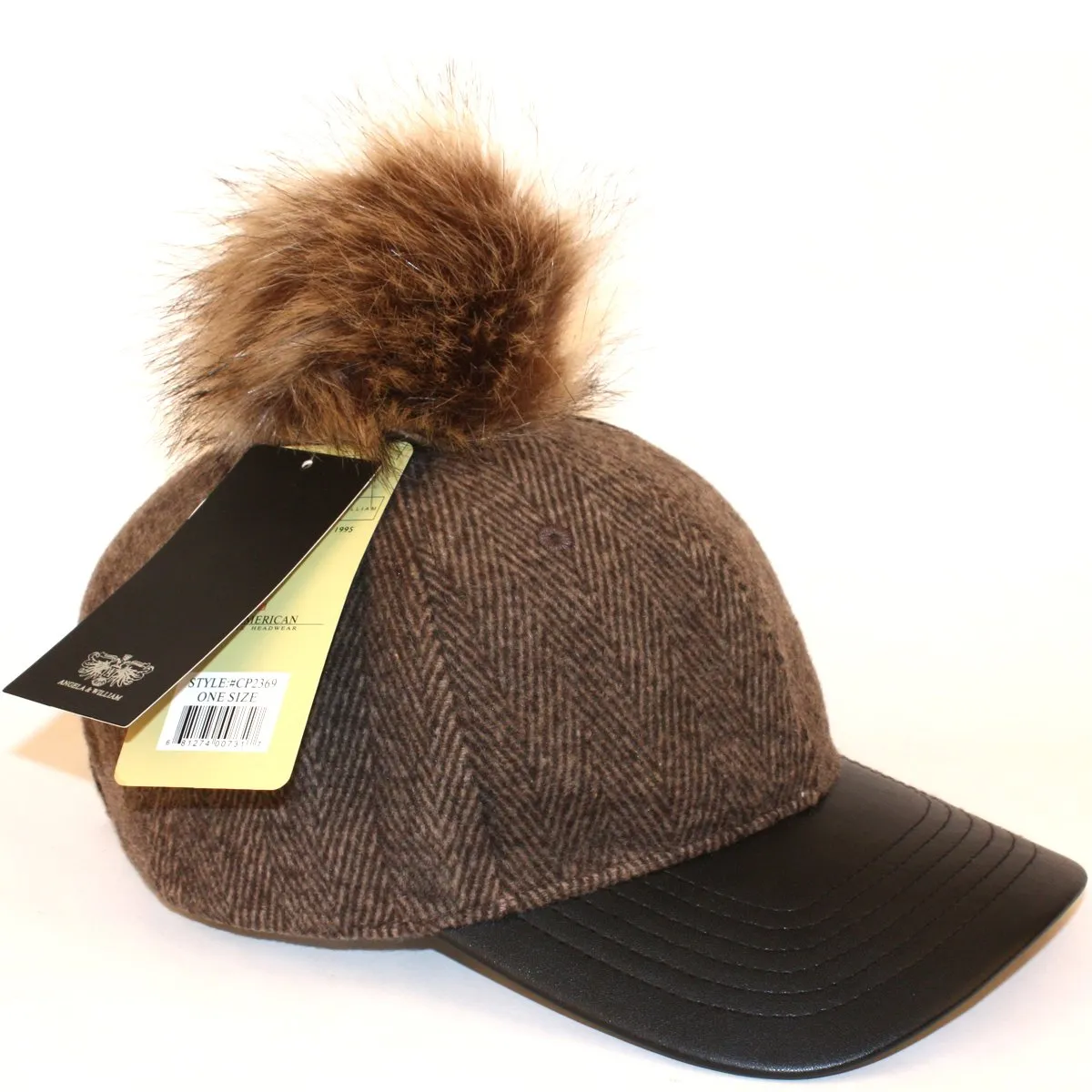 Herringbone Wool Blend Baseball Caps with Faux Fur Pompom