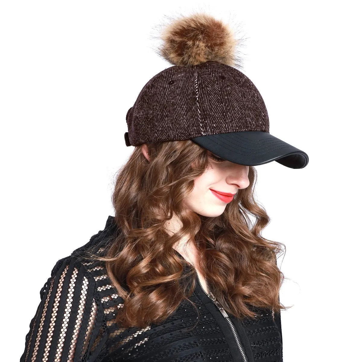 Herringbone Wool Blend Baseball Caps with Faux Fur Pompom