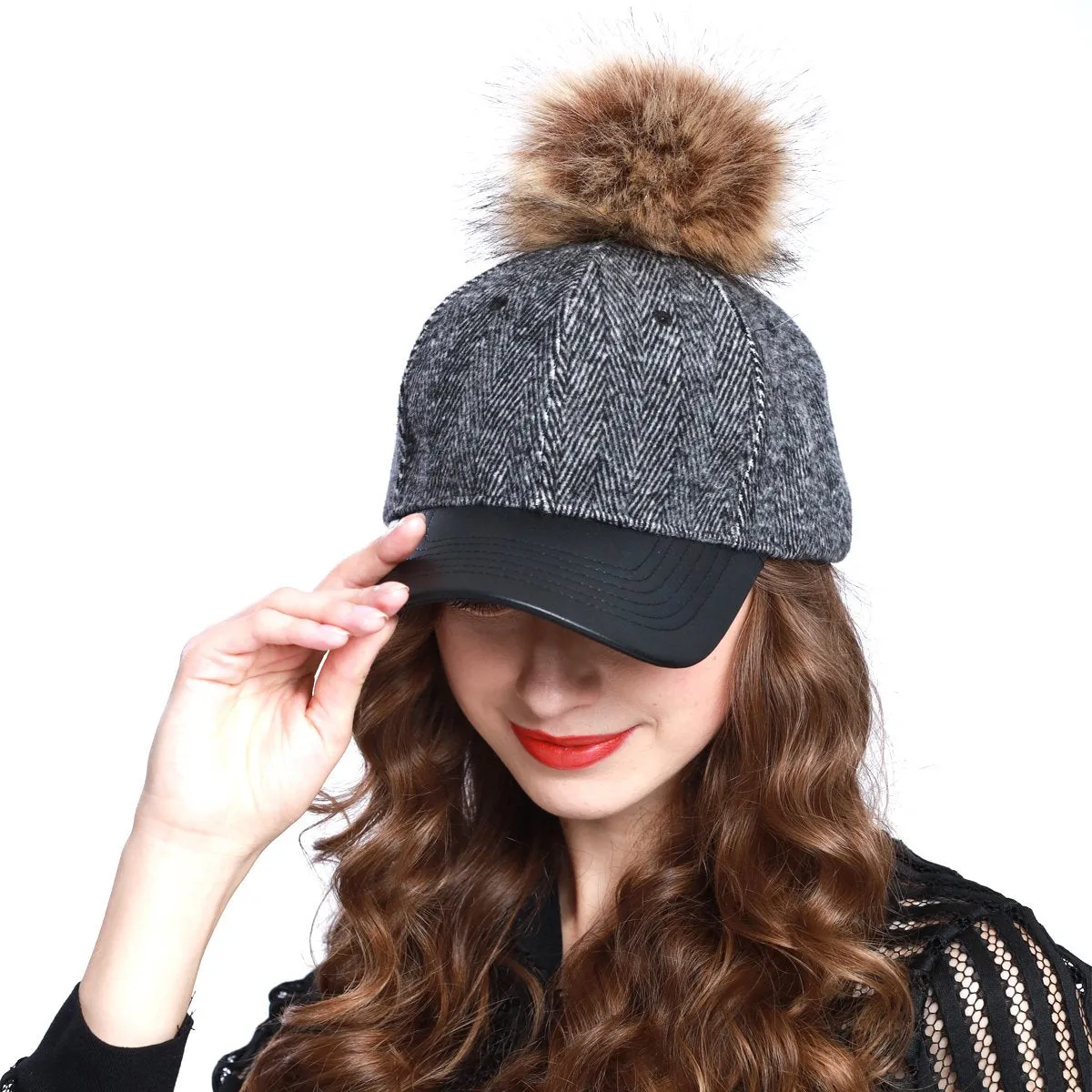 Herringbone Wool Blend Baseball Caps with Faux Fur Pompom