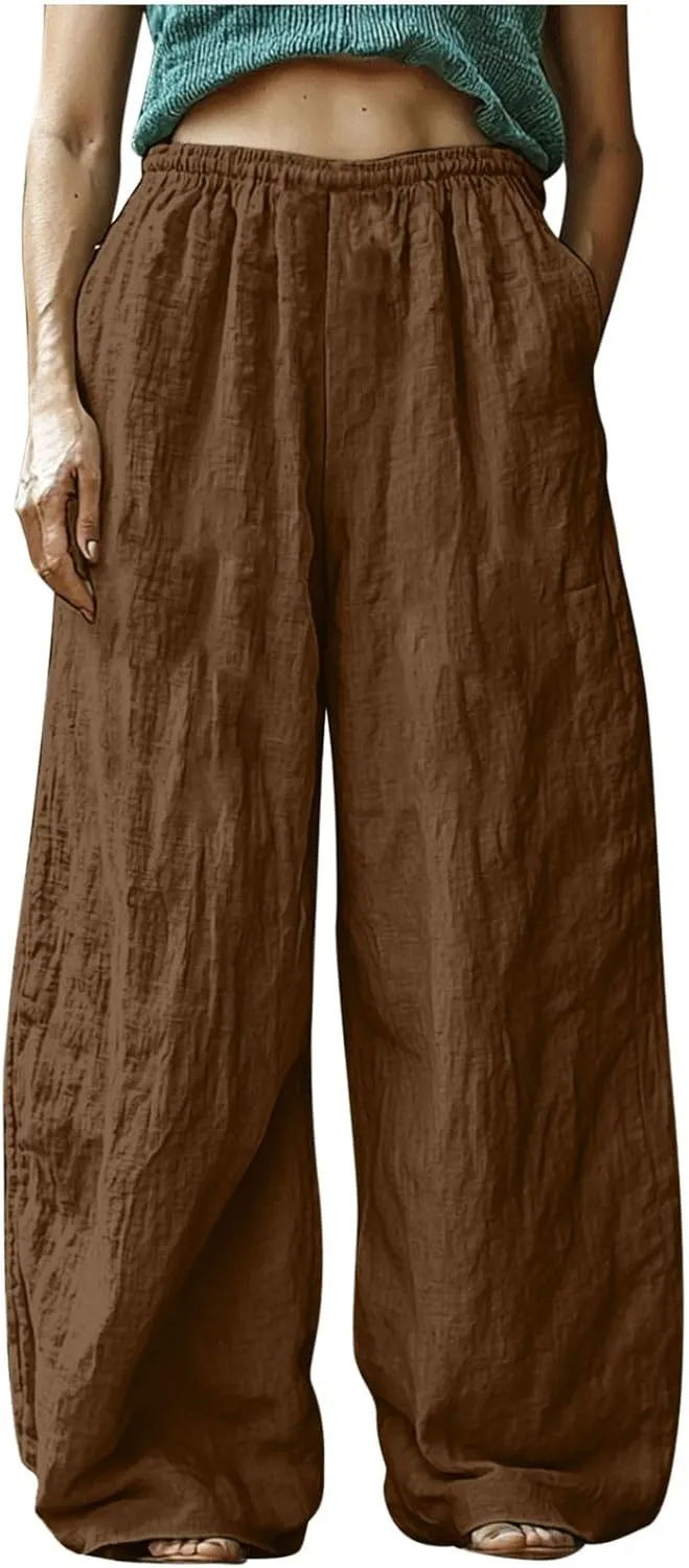 HGps8w Women's Boho Cotton Linen Palazzo Pants Trendy Wide Leg Summer Loose High Waisted Lounge Beach Trousers with Pockets