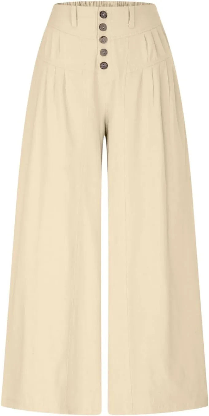 HGps8w Women's Summer Loose Linen Wide Leg Palazzo Pants Trendy Pleated High Waisted Lounge Beach Trousers with Pockets
