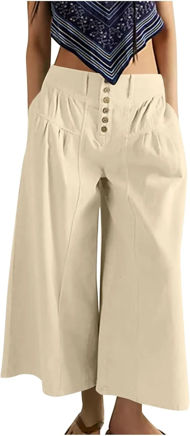 HGps8w Women's Summer Loose Linen Wide Leg Palazzo Pants Trendy Pleated High Waisted Lounge Beach Trousers with Pockets