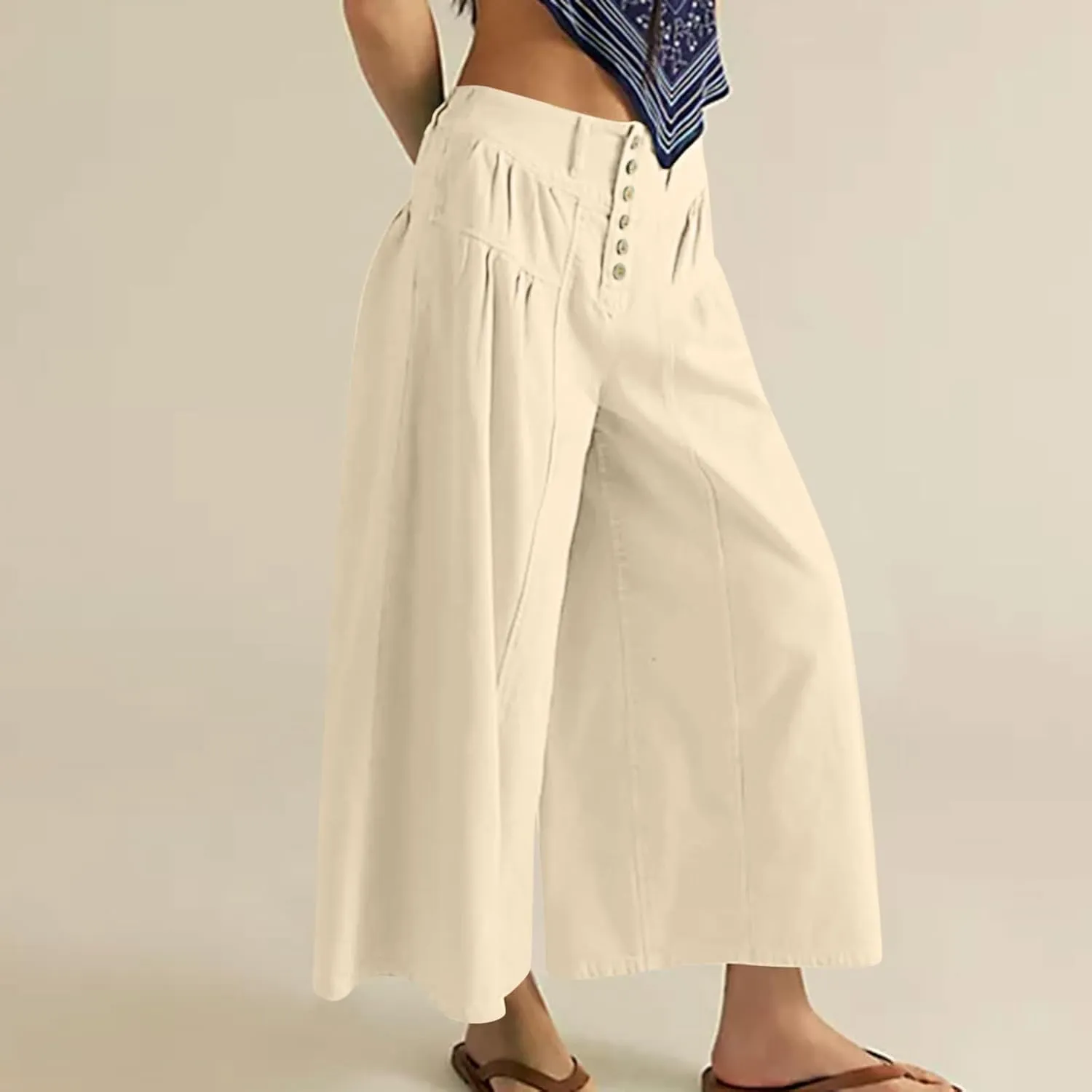HGps8w Women's Summer Loose Linen Wide Leg Palazzo Pants Trendy Pleated High Waisted Lounge Beach Trousers with Pockets