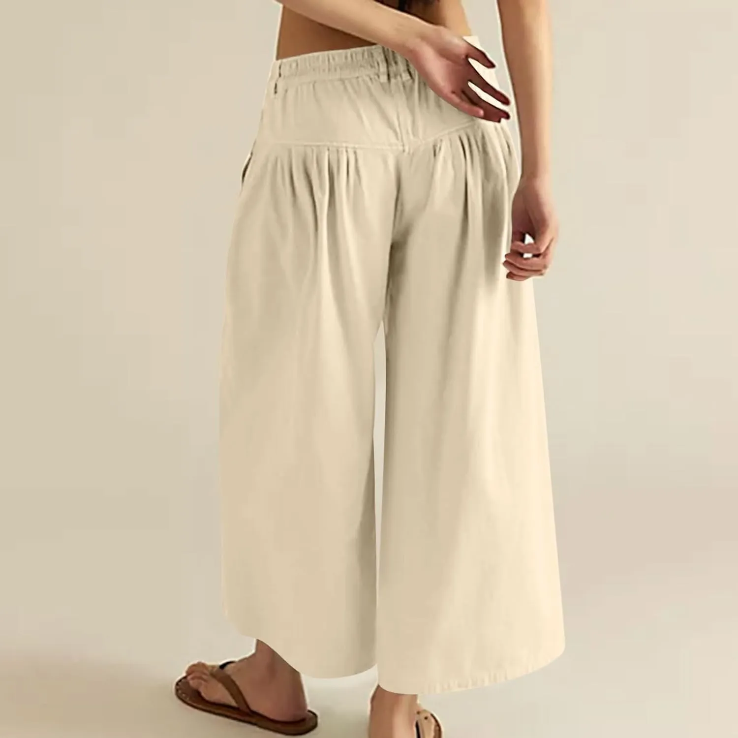 HGps8w Women's Summer Loose Linen Wide Leg Palazzo Pants Trendy Pleated High Waisted Lounge Beach Trousers with Pockets