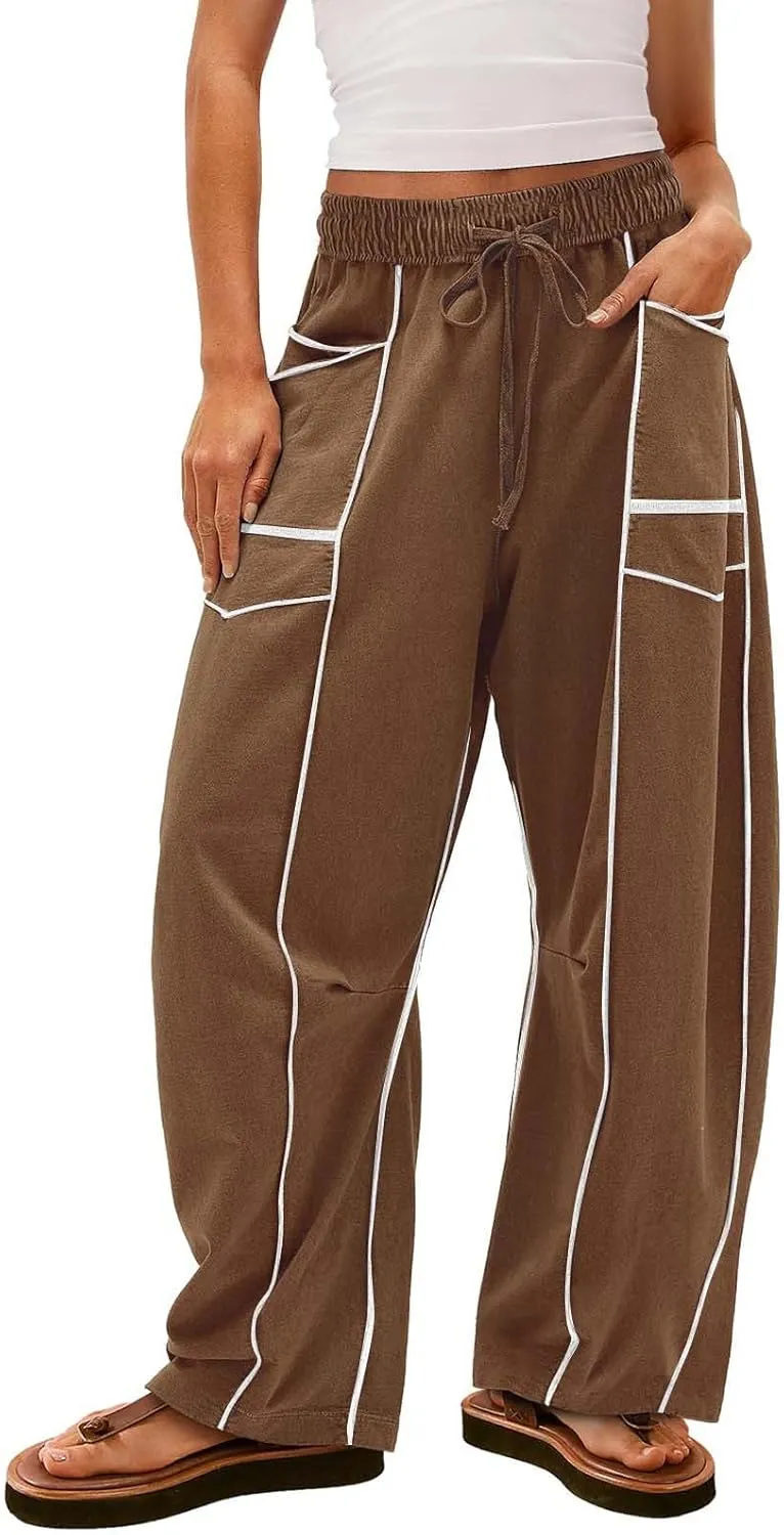 HGps8w Women's Summer Trendy Striped Loose Palazzo Pants Wide Leg Elastic Waist Sweatpants Lounge Trousers with Pockets