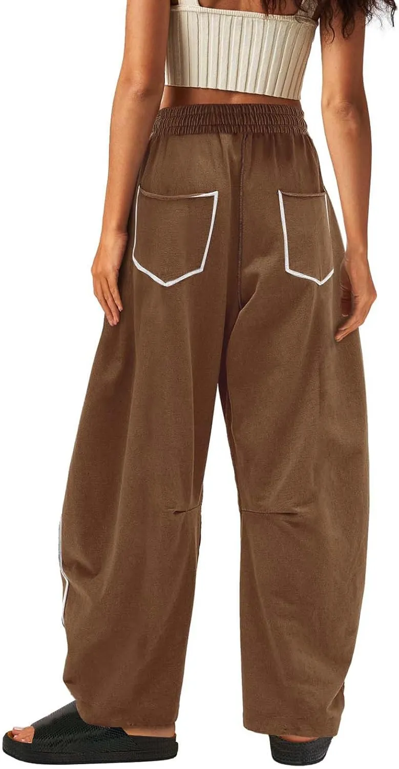 HGps8w Women's Summer Trendy Striped Loose Palazzo Pants Wide Leg Elastic Waist Sweatpants Lounge Trousers with Pockets