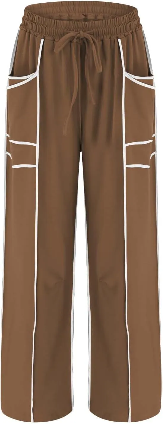 HGps8w Women's Summer Trendy Striped Loose Palazzo Pants Wide Leg Elastic Waist Sweatpants Lounge Trousers with Pockets