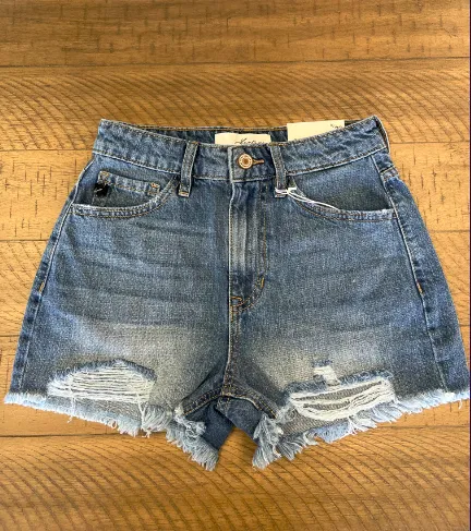 High Rise Distressed Demin Shorts- Medium Wash