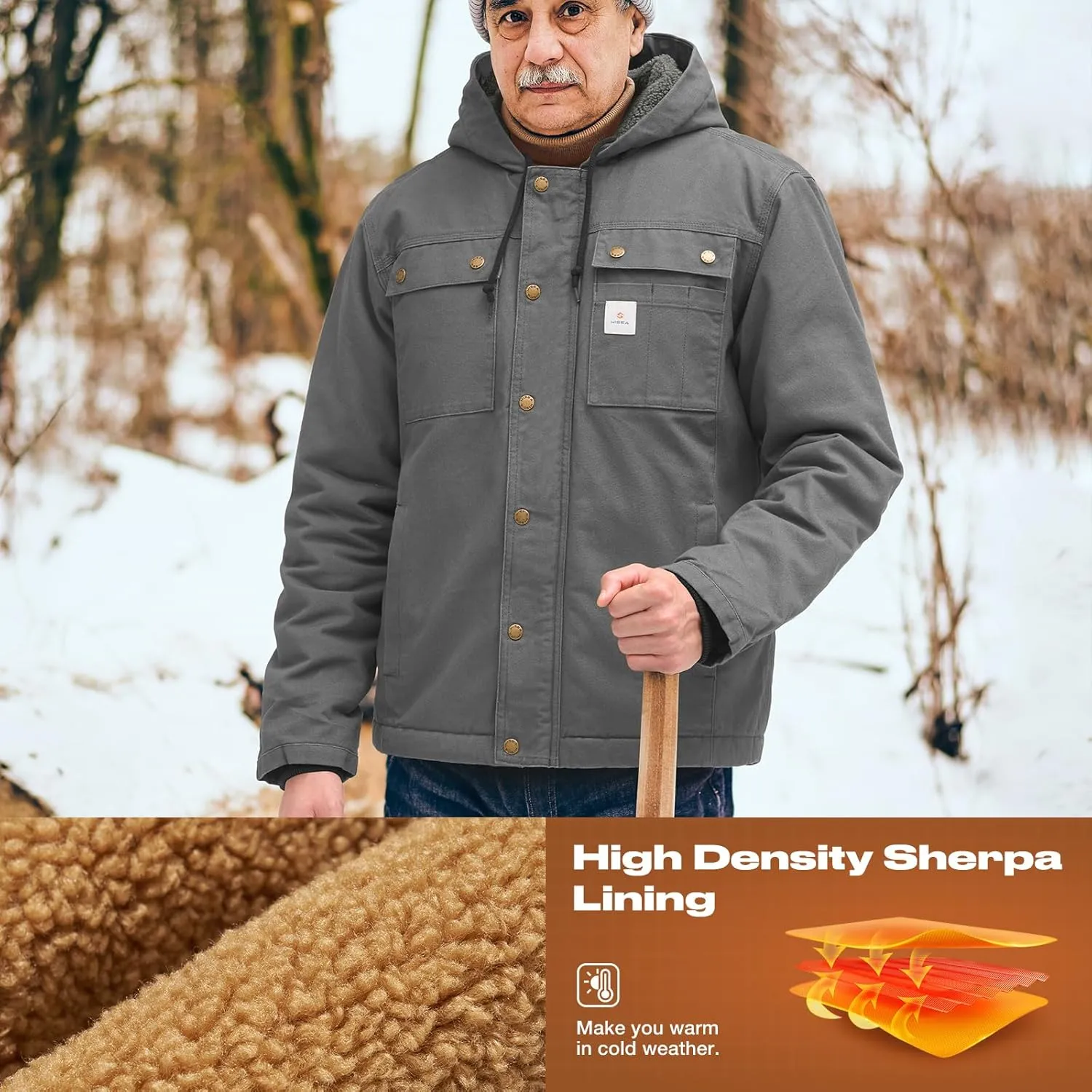 HISEA Men's Duck Sherpa-Lined Jacket Relaxed Fit Mens Winter Insulated Canvas Hooded Work Utility Jacket with Pockets