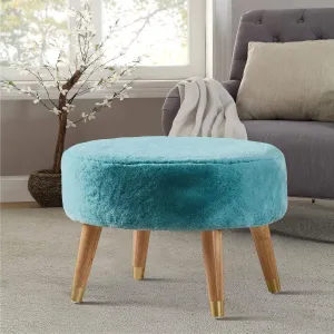 Home Soft Things Blue Heavy Faux Fur Oval Ottoman, 22'' x 18'' x 18'', Blue Turqoise, Super Soft Fuzzy Round Makeup Ottoman Bedroom Foot Rest Stool for Living Room Entryway Chair Home Decor