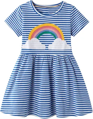 Hongshilian Toddler Girls Cotton Casual Dress Cartoon Print Short Sleeve Dress Girls Summer Sundress 2-7 Years