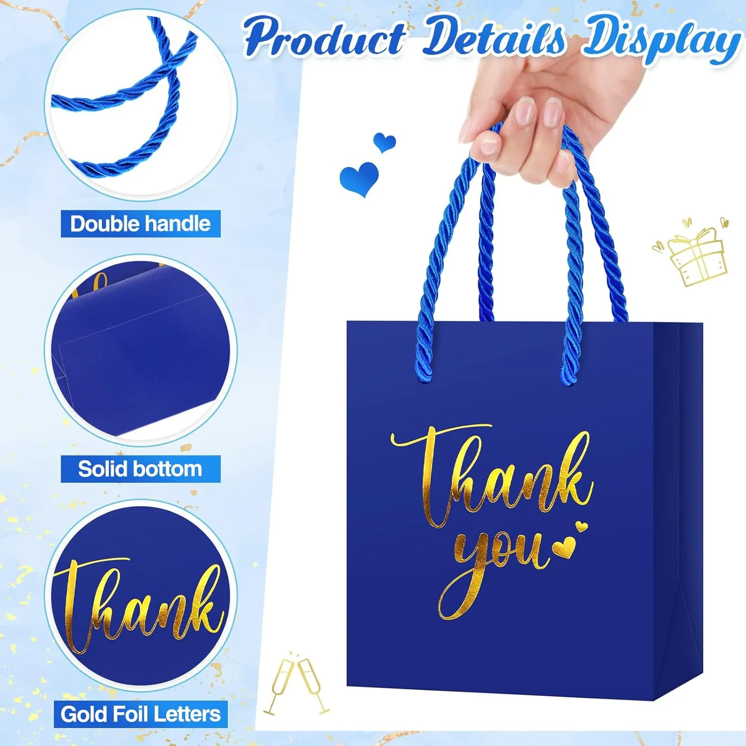 Honoson 30 Pcs Mini Gift Bag with Handle 4 x 2.75 x 4.5'' Small Thank You Paper Bag for Wedding Baby Shower Birthday Graduation Thanksgiving Party Favor Supplies(Dark Blue/Gold)