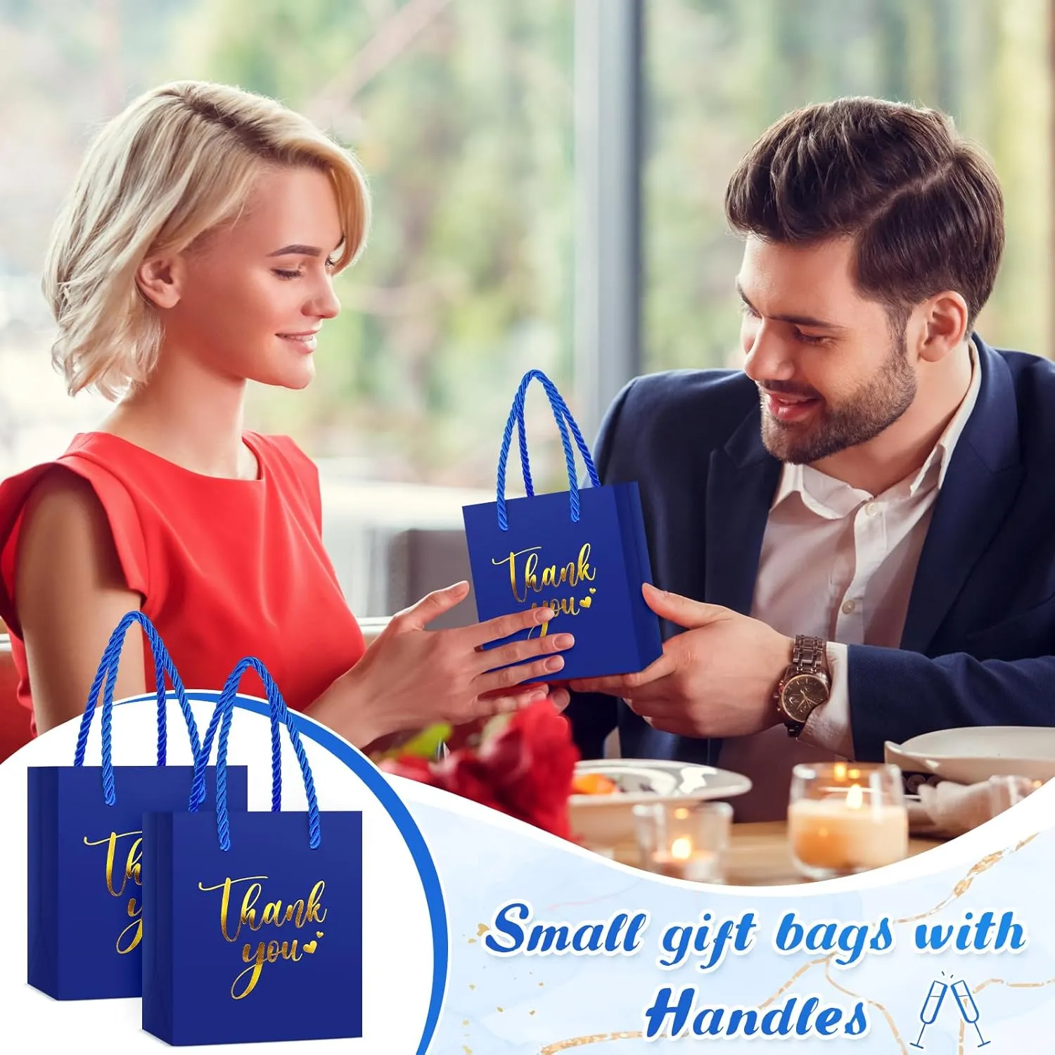 Honoson 30 Pcs Mini Gift Bag with Handle 4 x 2.75 x 4.5'' Small Thank You Paper Bag for Wedding Baby Shower Birthday Graduation Thanksgiving Party Favor Supplies(Dark Blue/Gold)