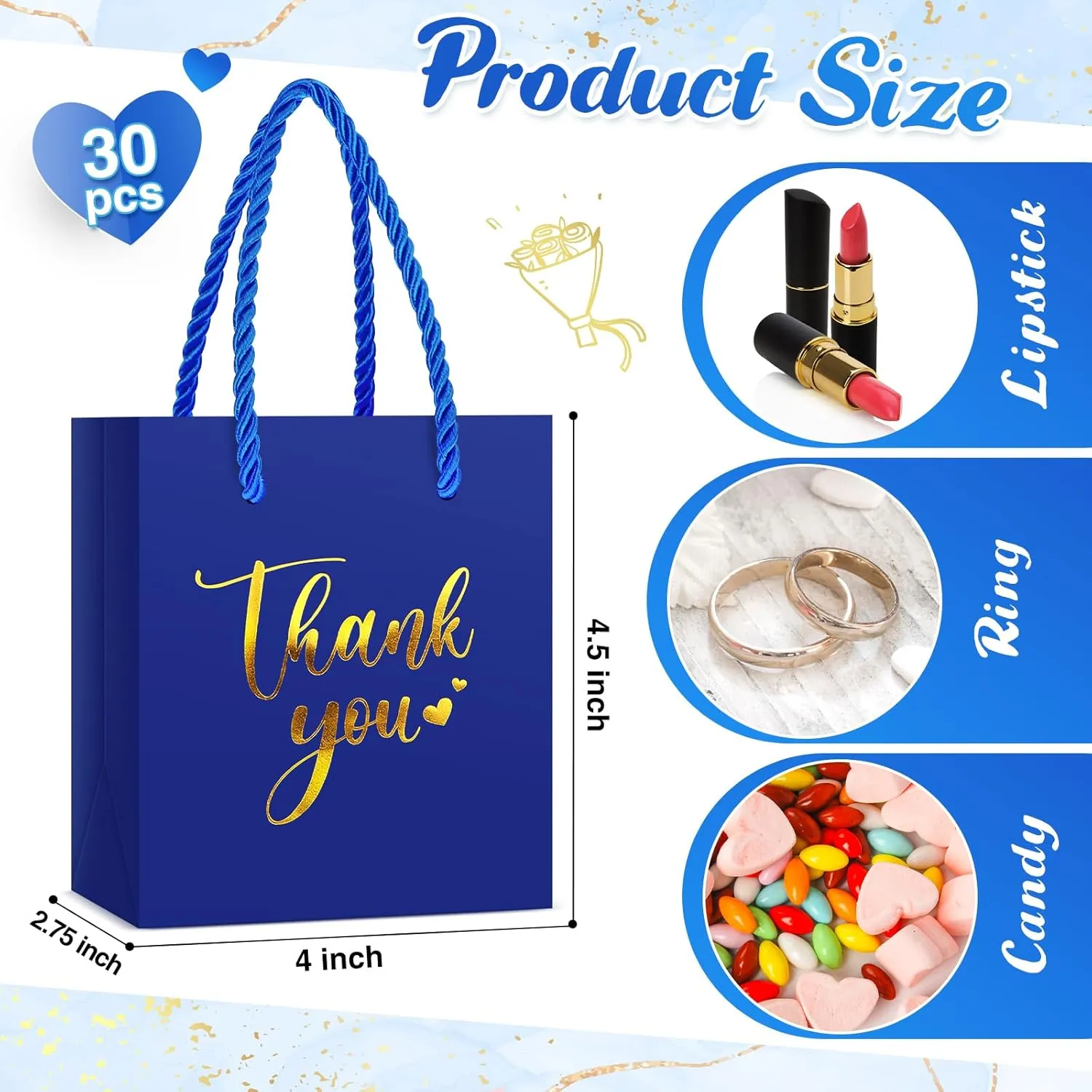 Honoson 30 Pcs Mini Gift Bag with Handle 4 x 2.75 x 4.5'' Small Thank You Paper Bag for Wedding Baby Shower Birthday Graduation Thanksgiving Party Favor Supplies(Dark Blue/Gold)