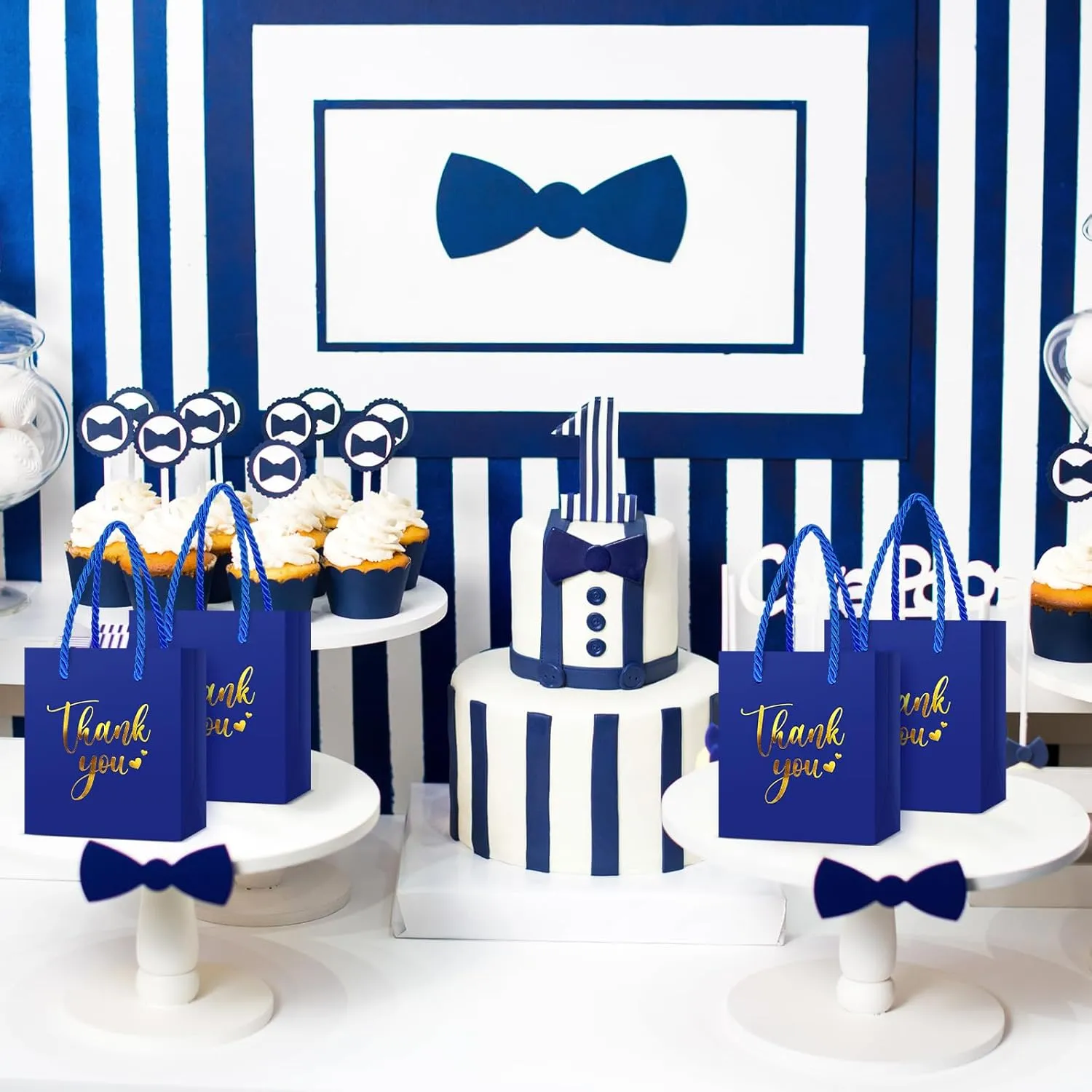 Honoson 30 Pcs Mini Gift Bag with Handle 4 x 2.75 x 4.5'' Small Thank You Paper Bag for Wedding Baby Shower Birthday Graduation Thanksgiving Party Favor Supplies(Dark Blue/Gold)