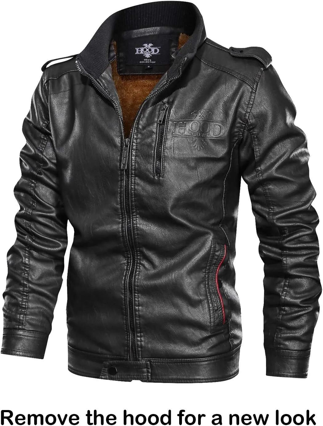 HOOD CREW Men’s Black Brown Coffee Stand Collar Warm PU Faux Leather Zip-Up Motorcycle Jacket with a Removable Hood