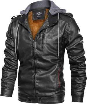 HOOD CREW Men’s Black Brown Coffee Stand Collar Warm PU Faux Leather Zip-Up Motorcycle Jacket with a Removable Hood
