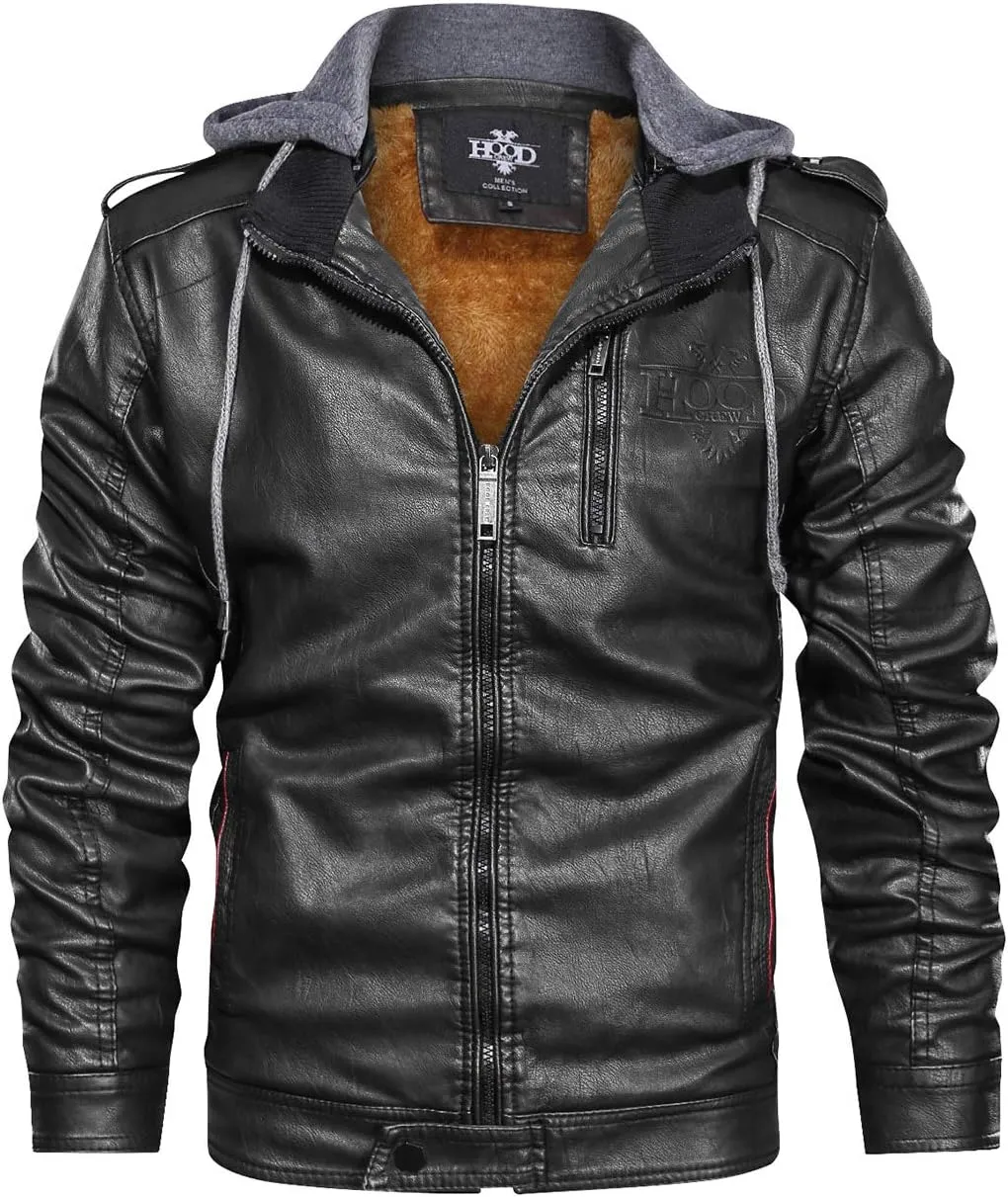 HOOD CREW Men’s Black Brown Coffee Stand Collar Warm PU Faux Leather Zip-Up Motorcycle Jacket with a Removable Hood