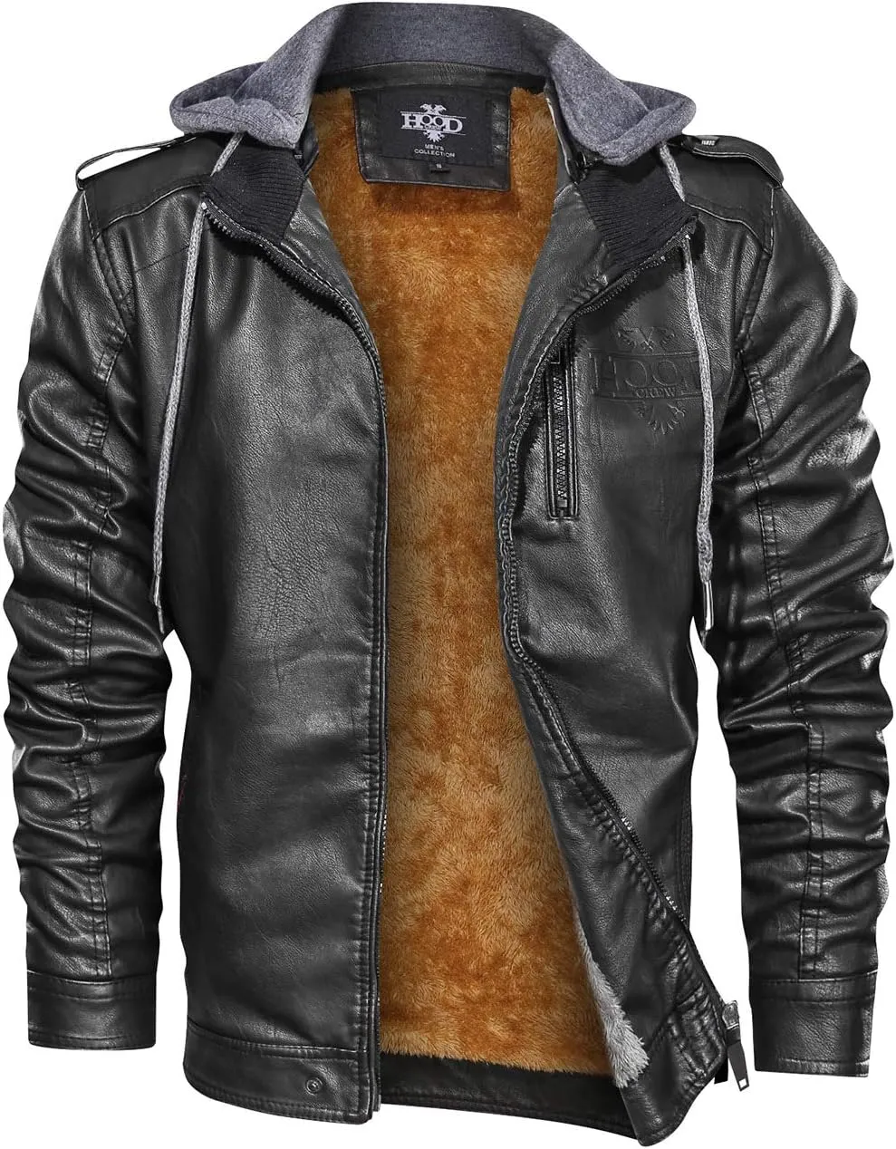 HOOD CREW Men’s Black Brown Coffee Stand Collar Warm PU Faux Leather Zip-Up Motorcycle Jacket with a Removable Hood