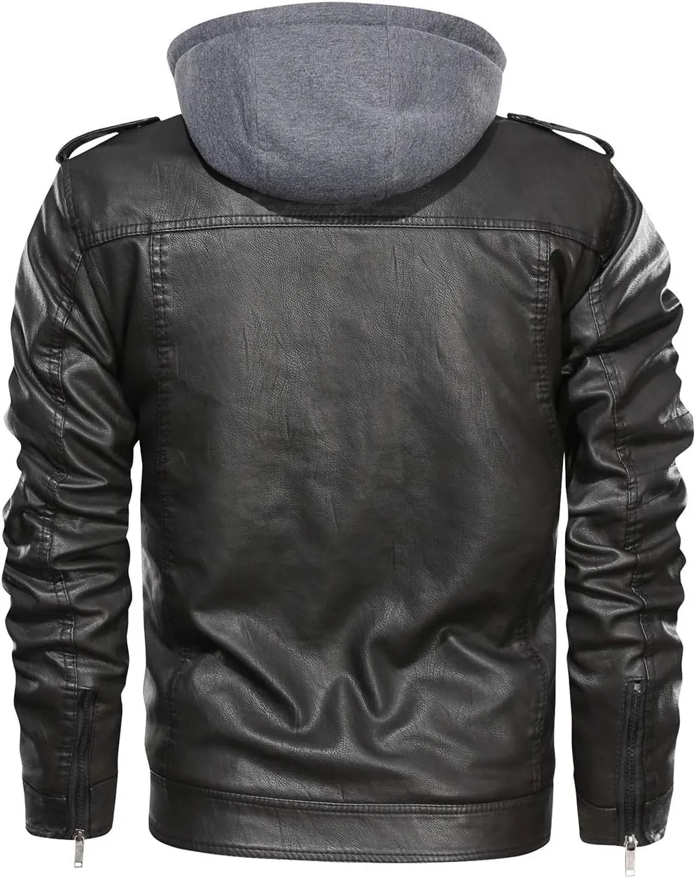 HOOD CREW Men’s Black Brown Coffee Stand Collar Warm PU Faux Leather Zip-Up Motorcycle Jacket with a Removable Hood