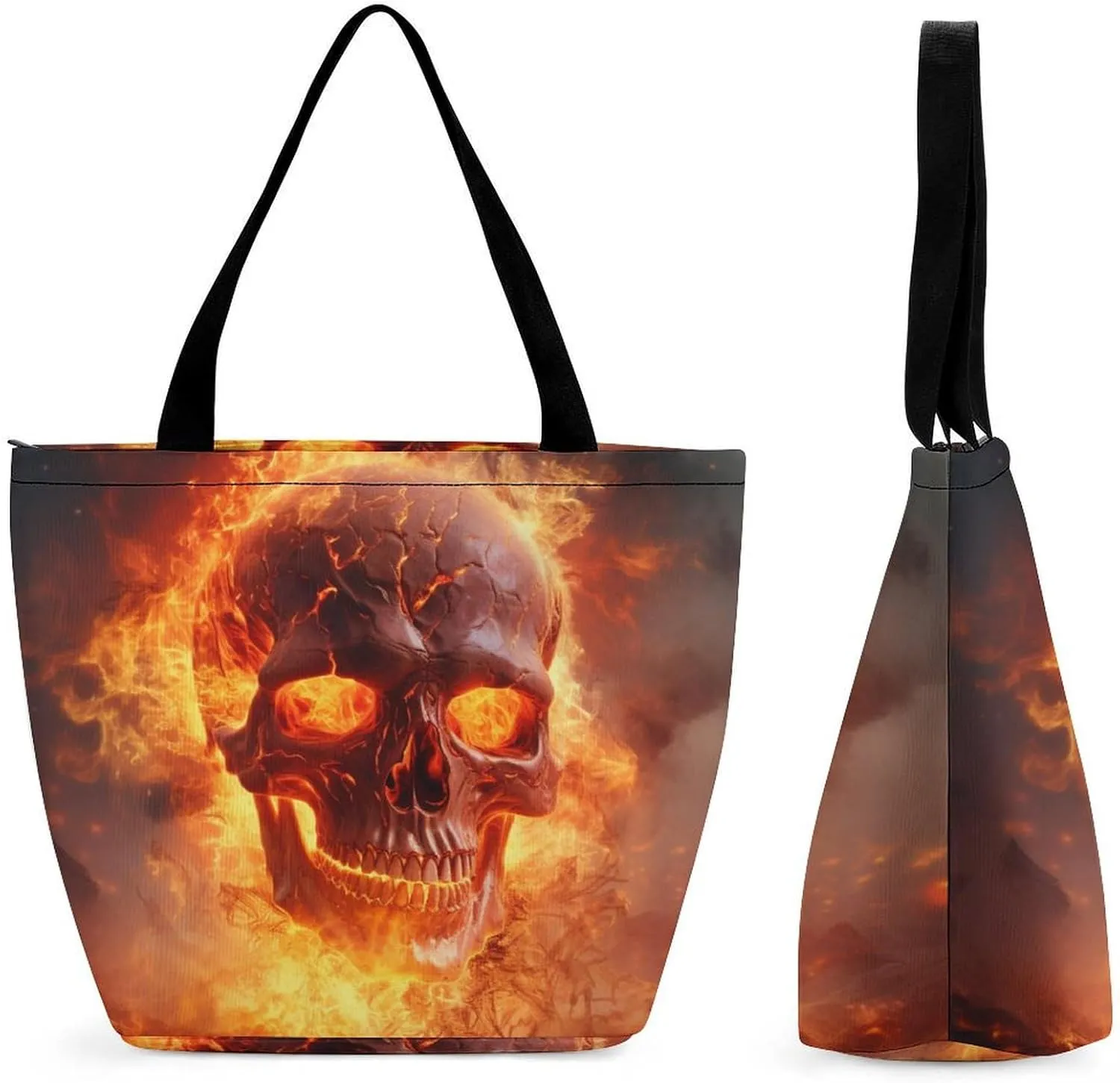 Horror Skull in Flames Womens Tote Bag Purse with Zippered Shoulder Handbags For Work