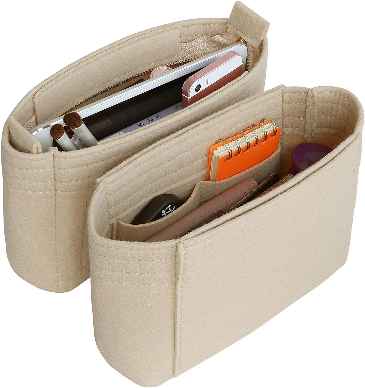 HyFanStr Felt Insert Bag Organizer with Zipper, Small Handbag Purse Organizer Tote Liner Pouch for Women, 2 Piece Set …