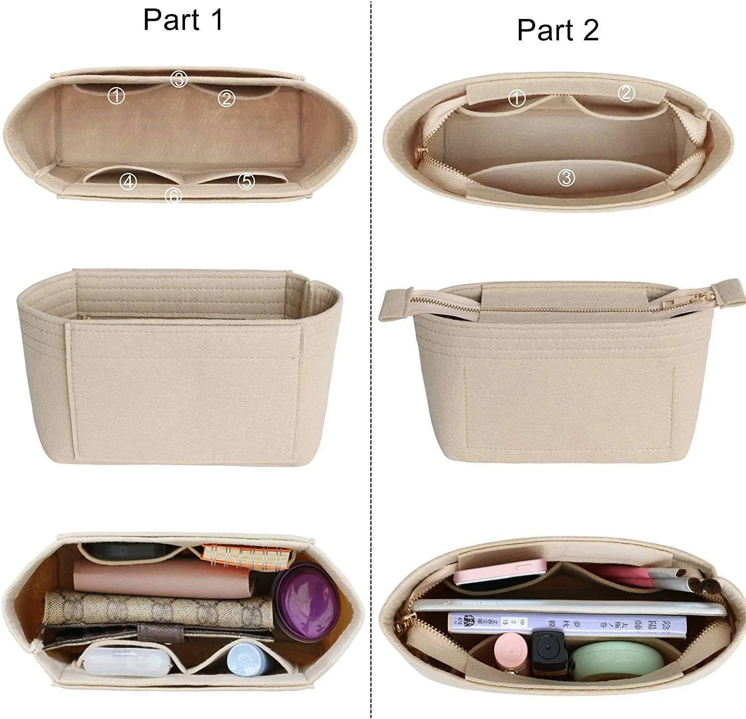 HyFanStr Felt Insert Bag Organizer with Zipper, Small Handbag Purse Organizer Tote Liner Pouch for Women, 2 Piece Set …