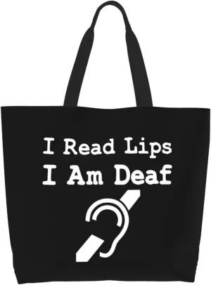 I Am Deaf I Read Lips Canvas Tote Bags for Women, Ladies Shoulder Handbags Large Purse Lightweight Foldable Reusable Shopping Bag with Pockets for Work, Travel, 15.7x19.7in