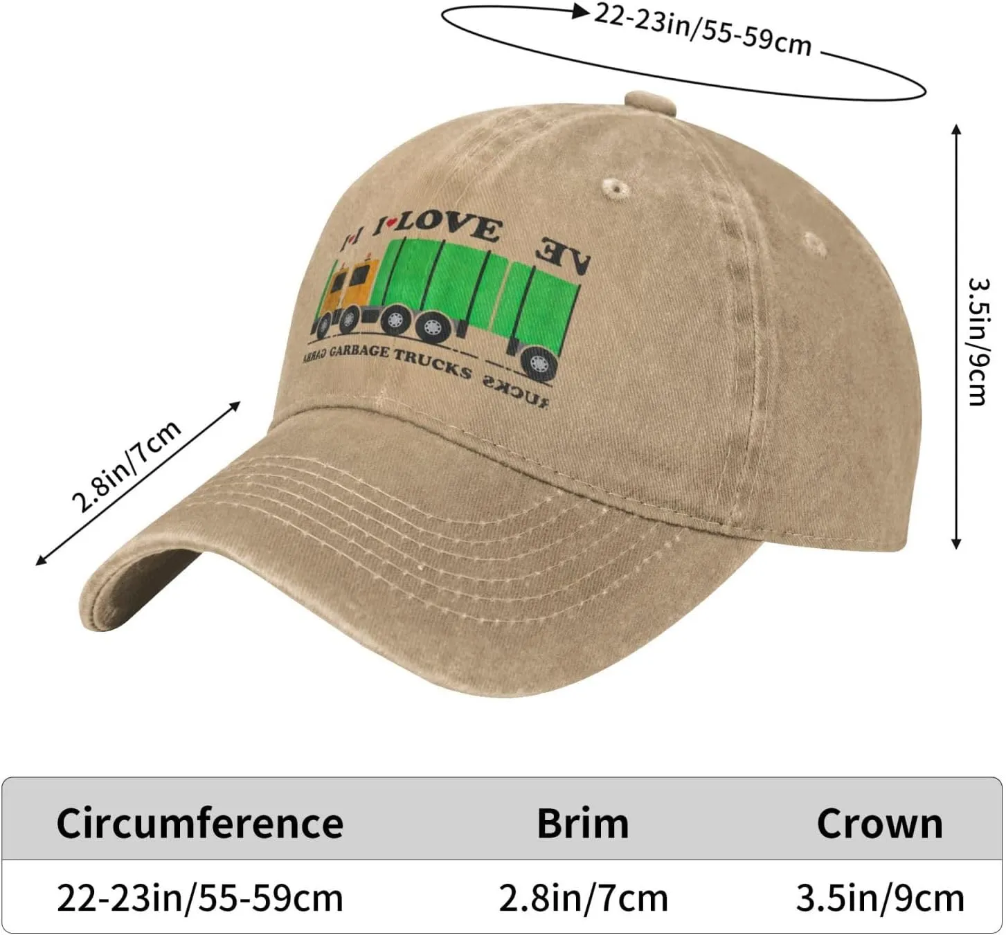 I Love Garbage Trucks Vintage Washed Cotton Baseball Cap, Adjustable Distressed Denim Hat for Men and Women