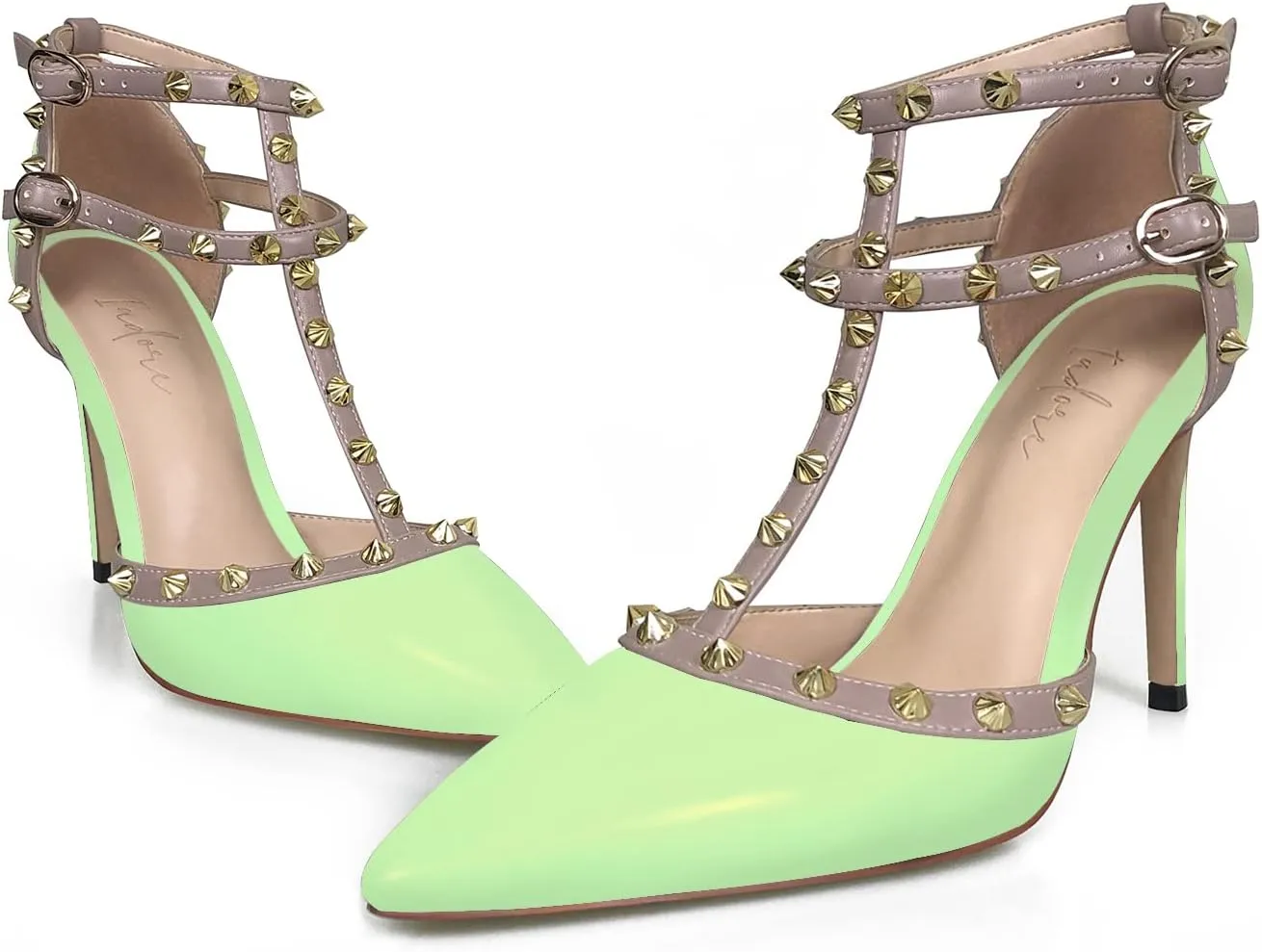 iadore Vegan Shoes 10 cm/3.94 inch Rivet Pearl Sandals for Women Party Ankle T Strap Sexy Ladies Studded Pumps Heeled Sandals