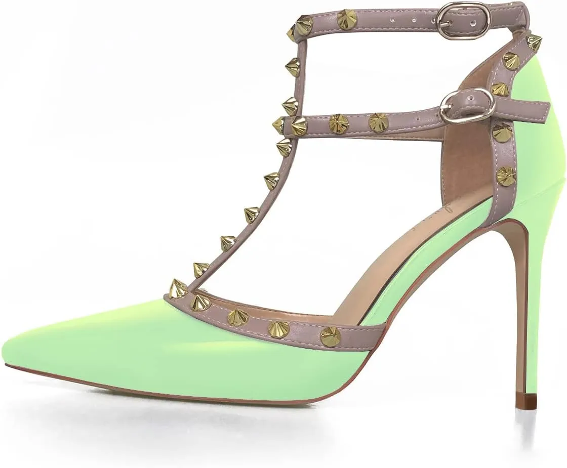 iadore Vegan Shoes 10 cm/3.94 inch Rivet Pearl Sandals for Women Party Ankle T Strap Sexy Ladies Studded Pumps Heeled Sandals