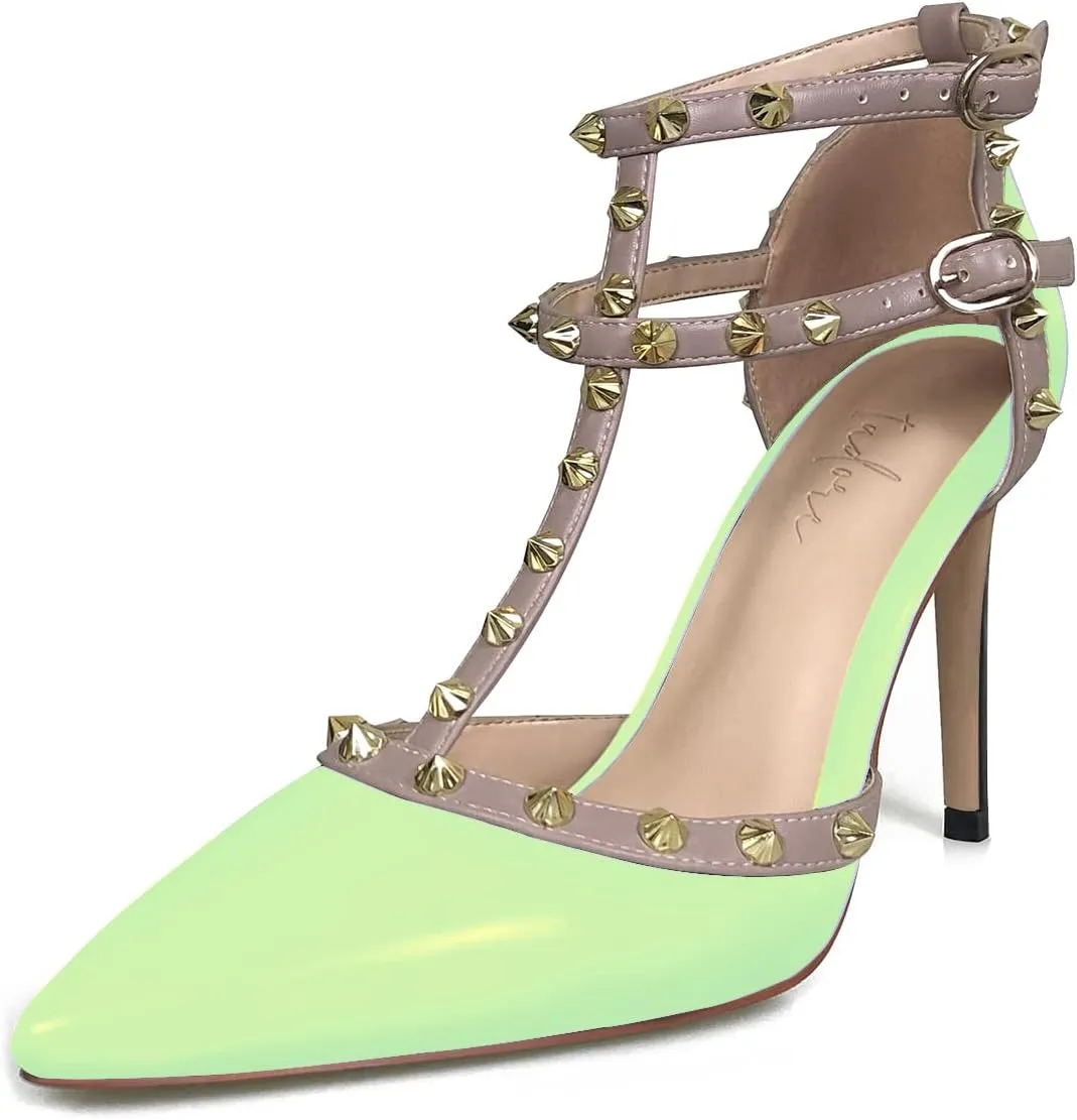 iadore Vegan Shoes 10 cm/3.94 inch Rivet Pearl Sandals for Women Party Ankle T Strap Sexy Ladies Studded Pumps Heeled Sandals