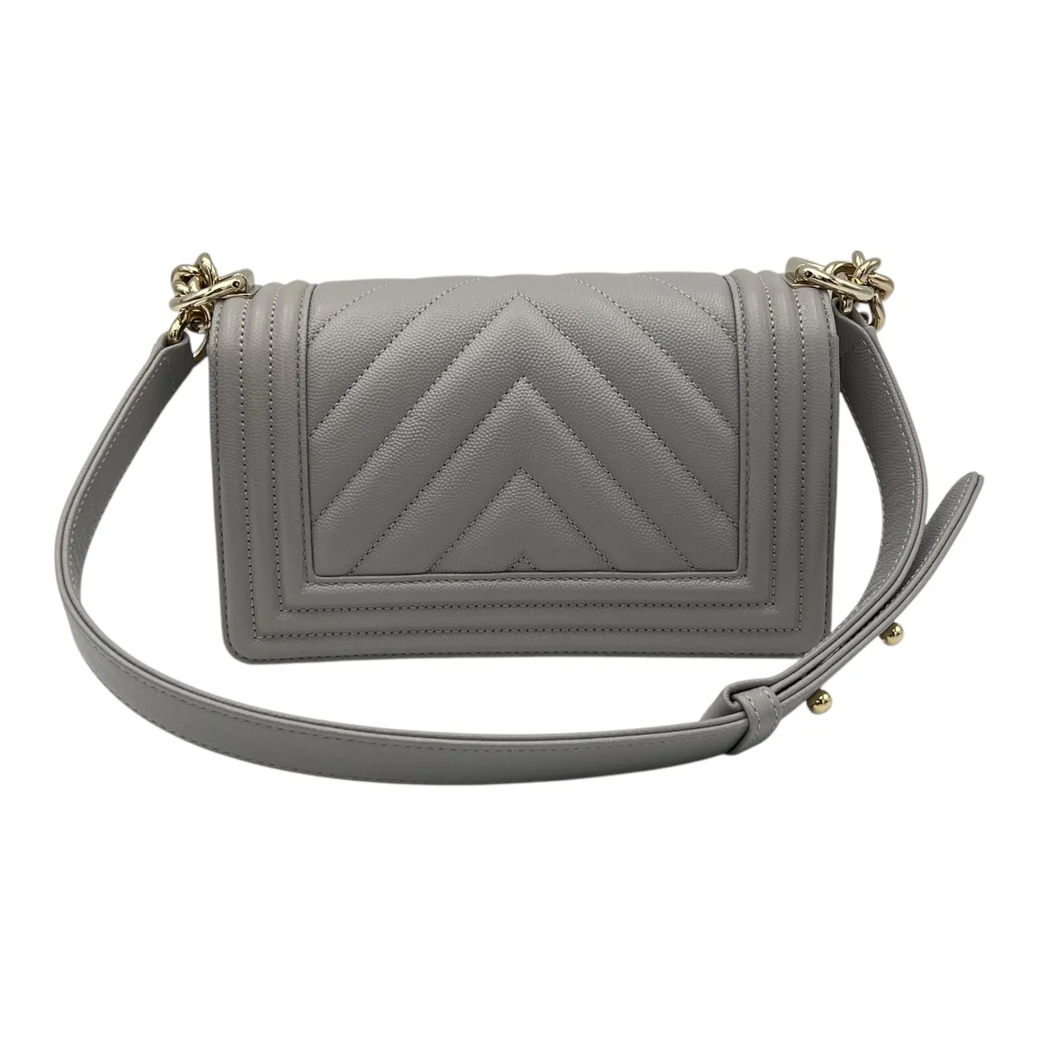 in Grey Cutting-edge features Chevron Shoulder Small hardware Bag Boy Proven track record Quilted Caviar Leather, Gold