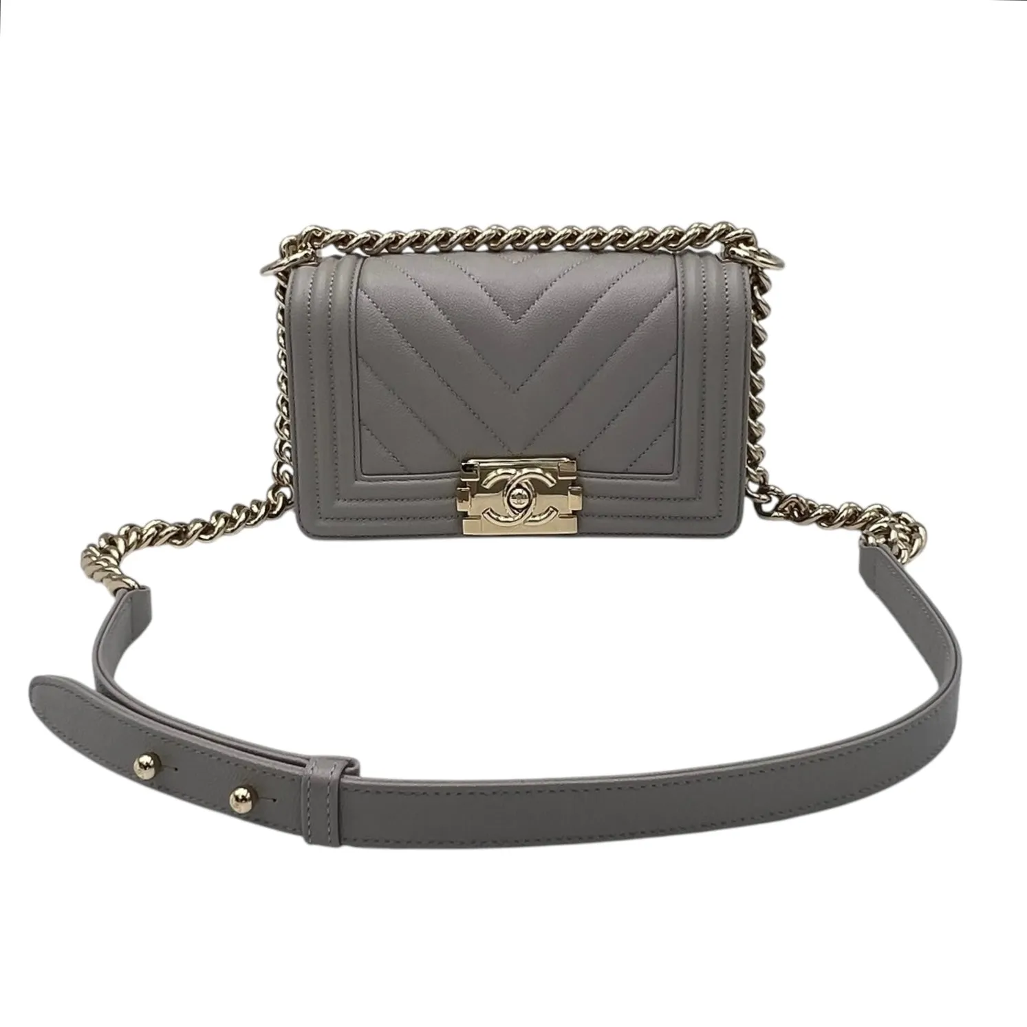 in Grey Cutting-edge features Chevron Shoulder Small hardware Bag Boy Proven track record Quilted Caviar Leather, Gold