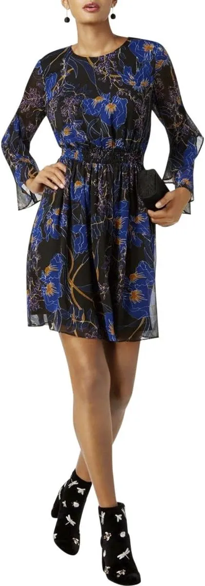 INC Women's Medium Floral Tiered-Sleeve Sheer Dress Black M